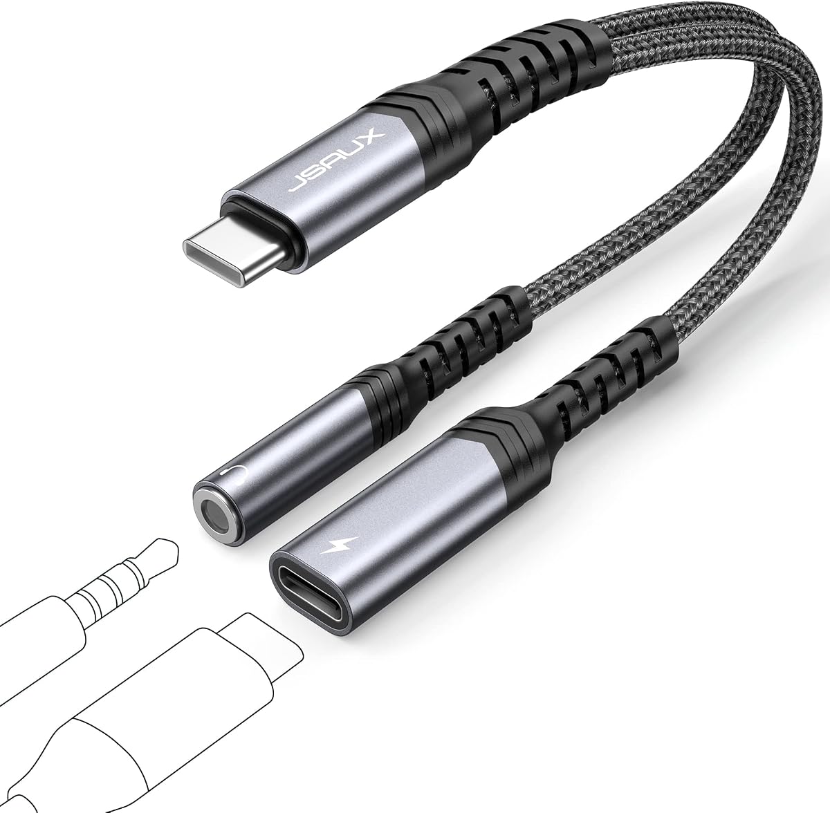 USB C to 3.5mm Headphone and Charger Adapter 2-in-1 Grey | USB C Splitter Dual Type C Audio Adapter with PD 60W Fast Charging for iPhone 16 Pro Max, Galaxy S26, Pixel 10, iPad Pro