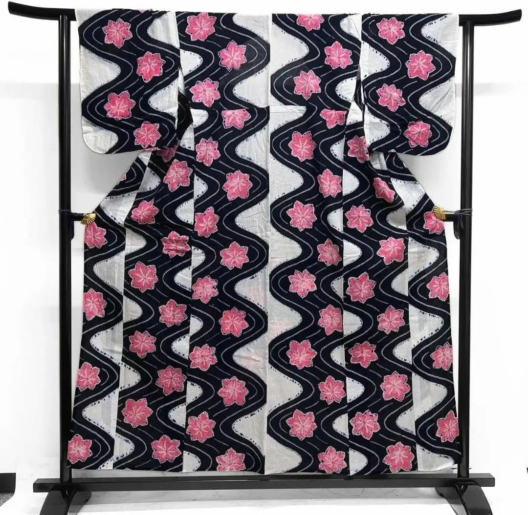 浴衣　有松鳴海絞り　藍染　楓　流水　ネイビー　ピンク　着物　035a d 浴衣 有松鳴海絞り 藍染 楓 流水 ネイビー ピンク 着物 035a d