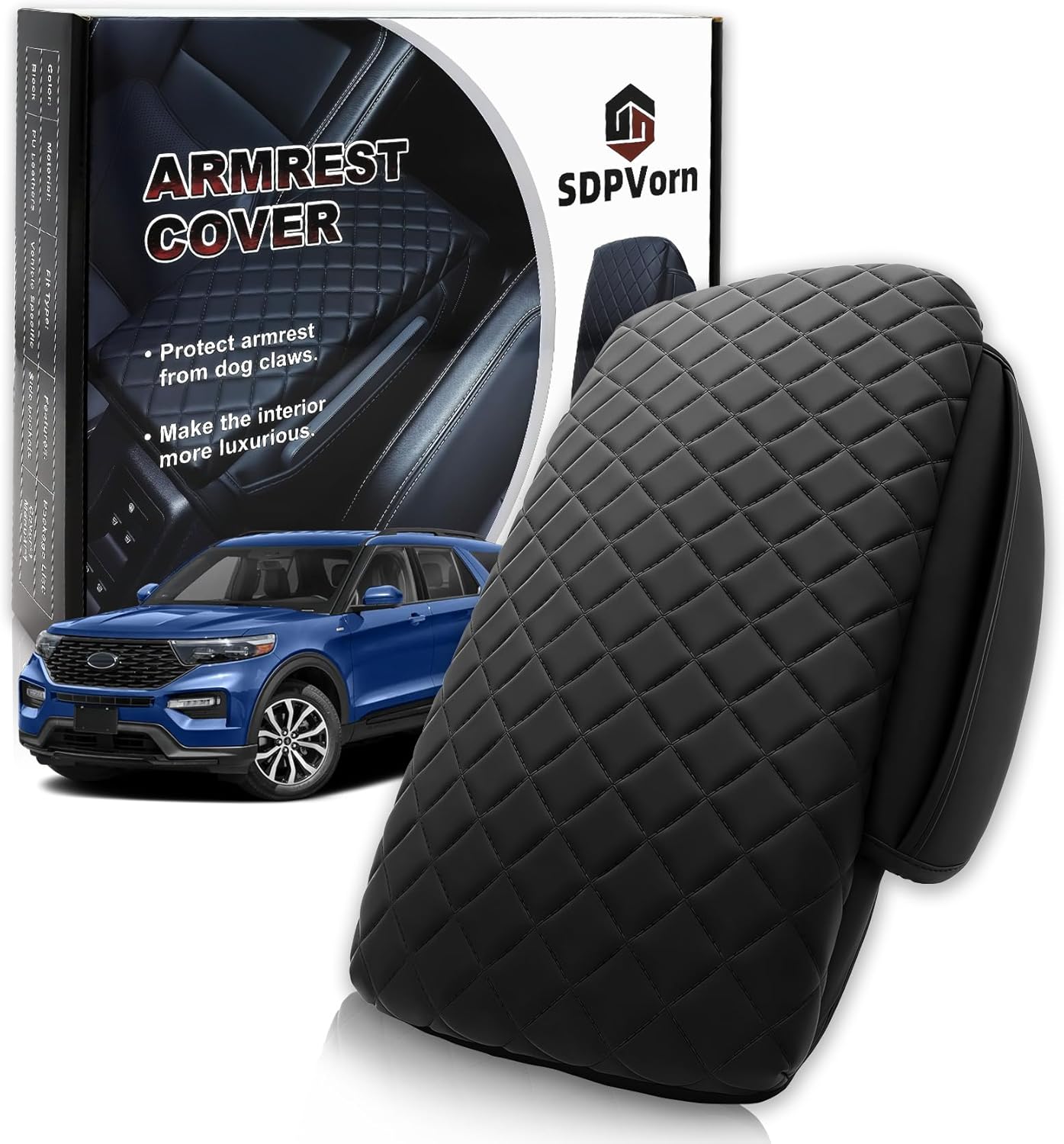 Center Console Cover for Ford Explorer Arm Rest Lid, Diamond Quilted Armrest Pad with 1-Inch Comfort Lift (2011-2019)