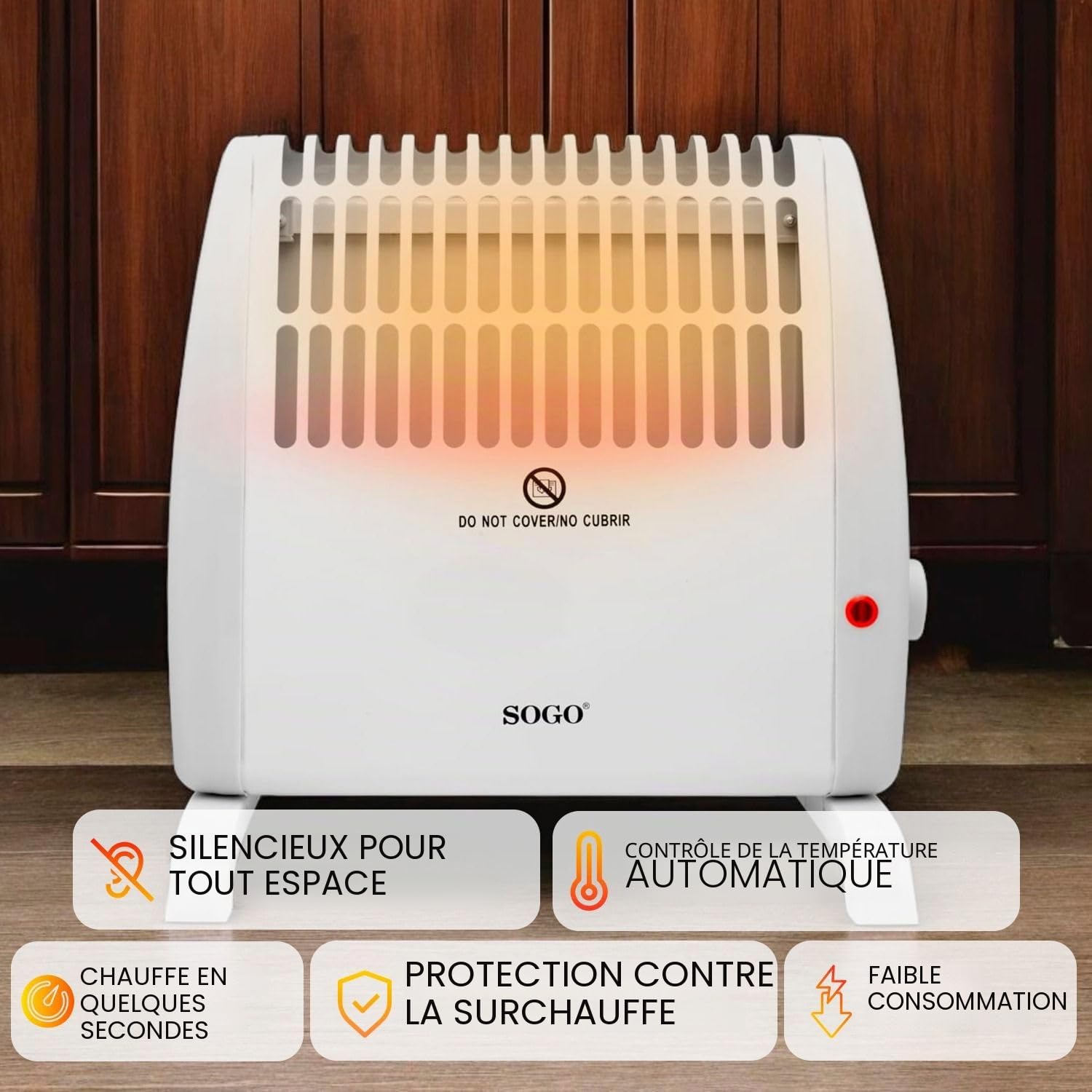 Sogo Poêle à convection, chaleur instantanée et silencieuse, thermostat réglable, protection contre la surchauffe, blanc, compact (27,5 x 18 x 27,8 cm), idéal pour les petits espaces (SS-18405)