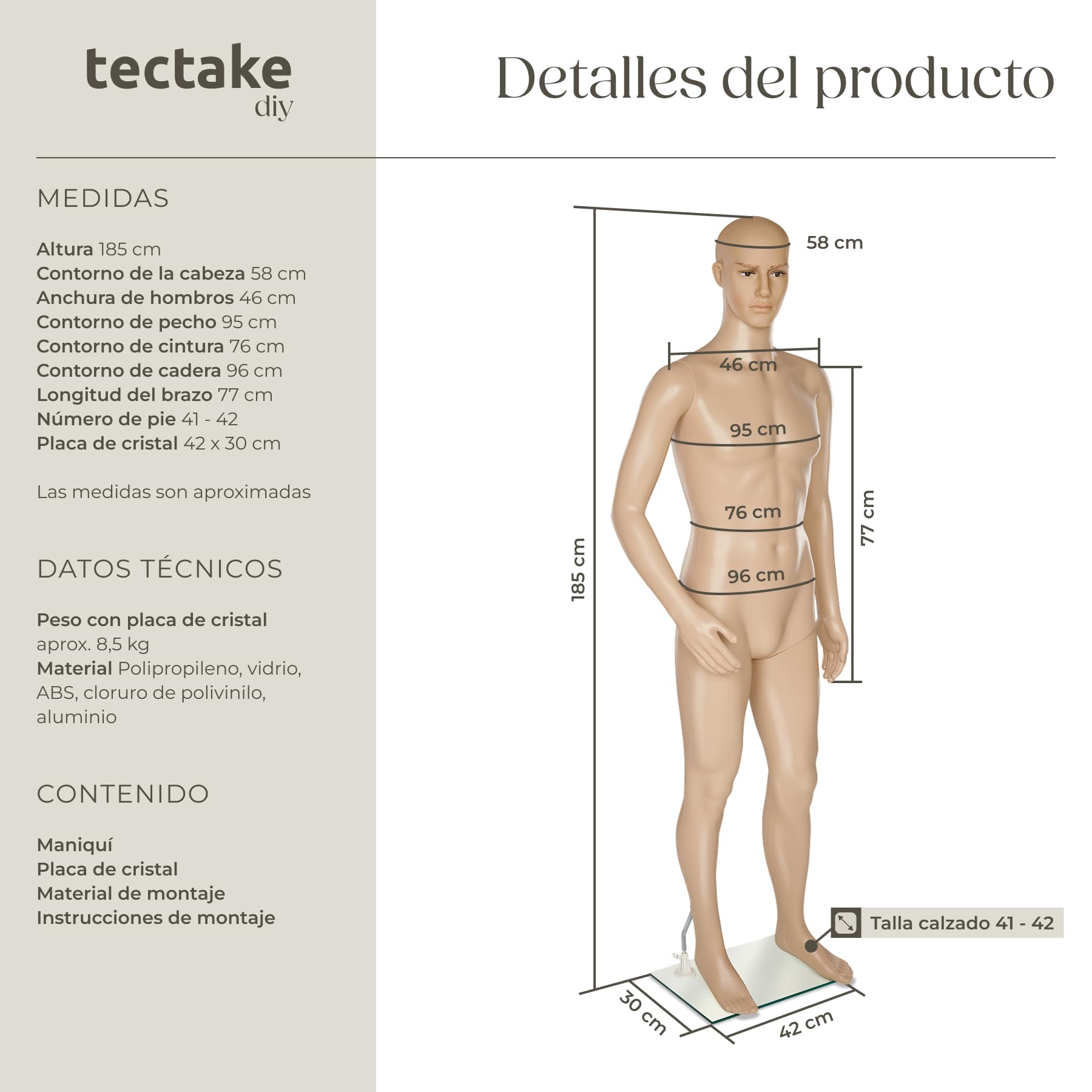 tectake® Maniquí, Giratorio y Móvil, Base de Cristal, Cabeza Reclinable, Brazos Móviles, Proporciones Reales, Robusto, Peso Ligero, Maniqui Regulable, Busto Maniqui - Hombre