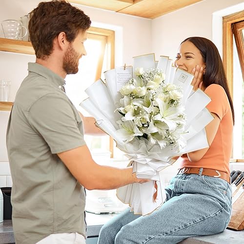 Miniatura 6 de 40 hojas de papel de regalo de flores con borde dorado con tarjetas, papel de regalo de ramo blanco, papel de regalo floral hermético, suministros