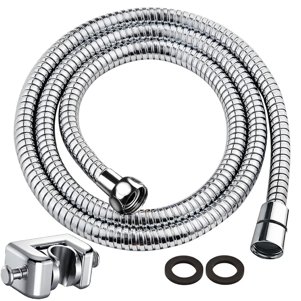 Caiery Brauseschlauch & Duschbrausehalter ohne Bohren,1.5M Premium Duschschlauch aus Edelstahl Flexibler Brauseschlauch mit Dichtungen für Handbrause,Hand-Duschkopf,Chrom