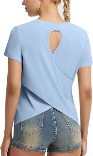 baleaf Women's Open Back Workout Tops Short Sleeve Athletic Running Shirts | Curved Crossover Hem, Waist-Length, Lightweight, Quick Dry, Moisture Wicking, UPF50+, for Tennis, Yoga, Gym, Pilates