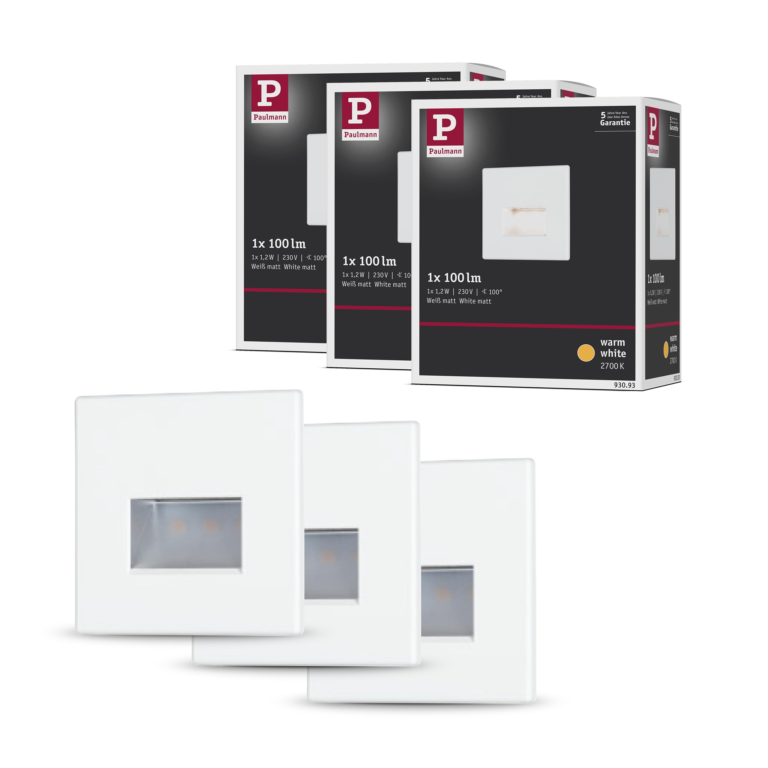 Paulmann 5221 Set LED Wandeinbauleuchte Edge 3er-Set eckig 80x5 mm 3x1,2W 3x50lm 230V 2700K Weiß matt