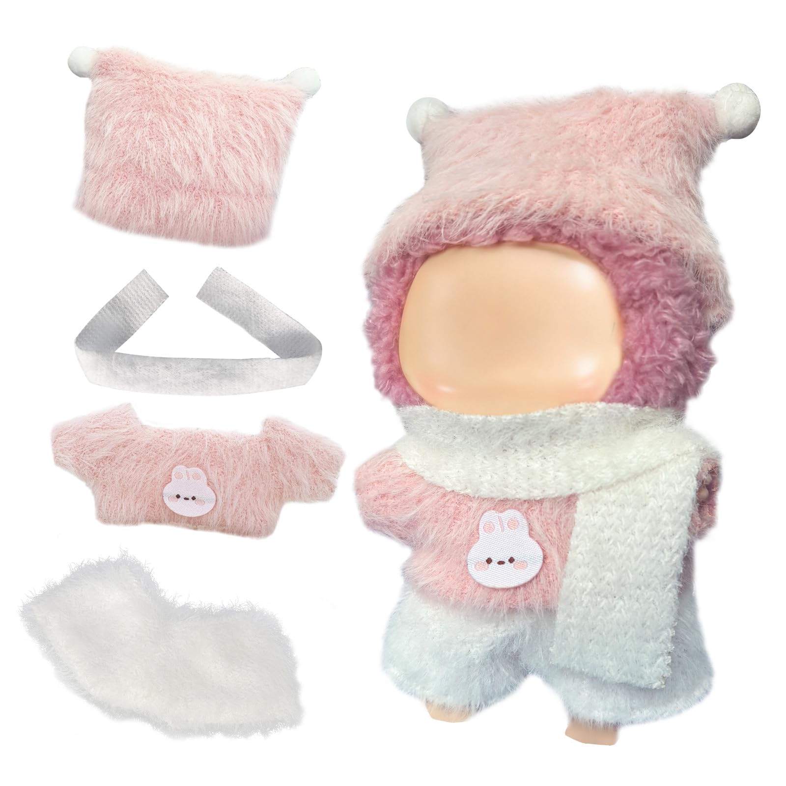 2 Sets of Clothes for Doll, 8 Pcs Accessories for 17cm &amp; 15cm Outfits (No Doll), Double Joy Twin Pack - Fluffy: Blue hat + Blue Clothes + Pink hat + Pink Clothes + 2 White Scarves + 2 White Trousers