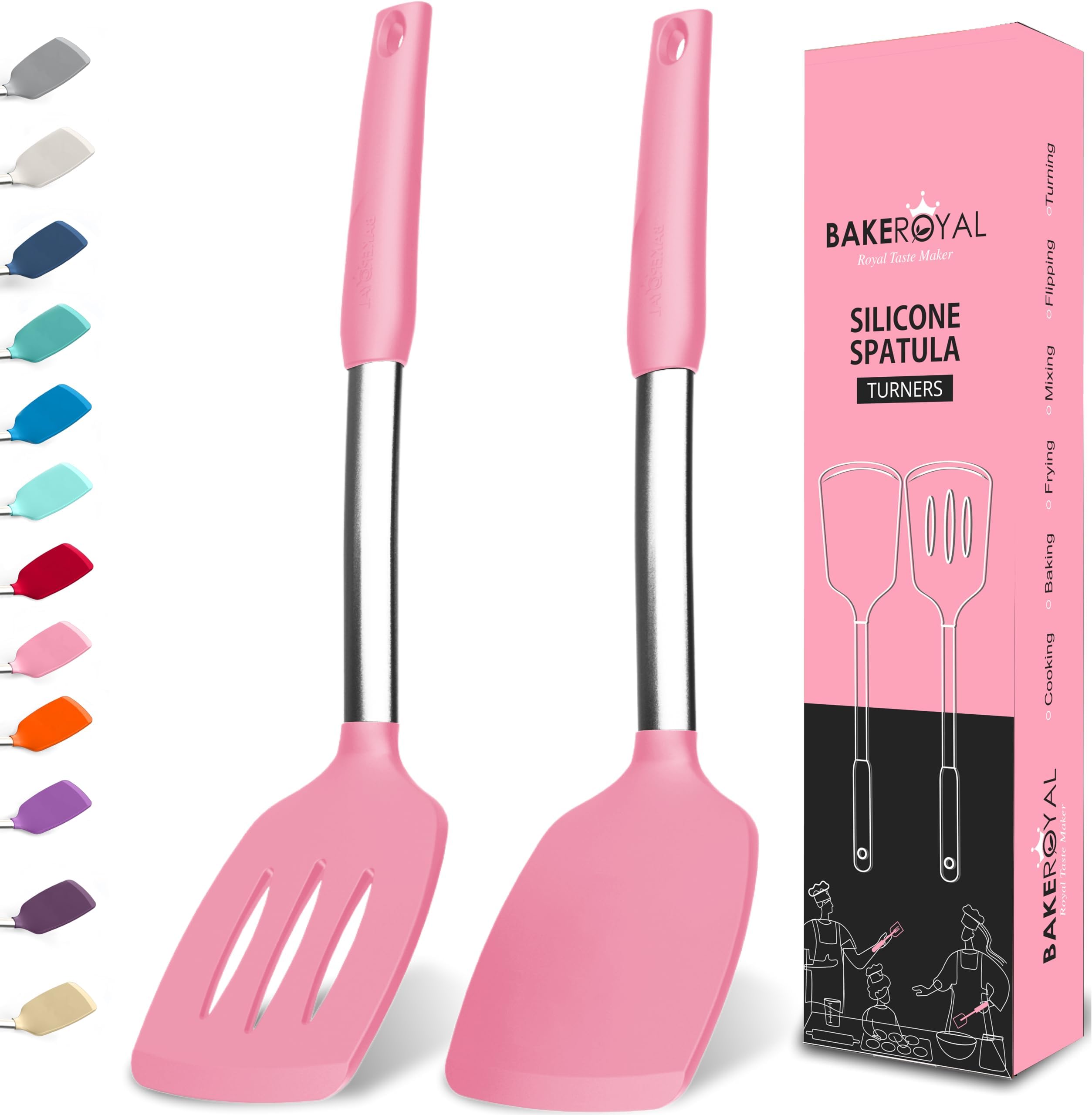 BakeRoyal Silicone Spatula Set - Turner Spatulas Silicone Heat Resistant 600°F - Slotted & Solid Spatula for Cooking Fish, Eggs, Pancakes Flipper – Spatulas for kitchen use – Pink