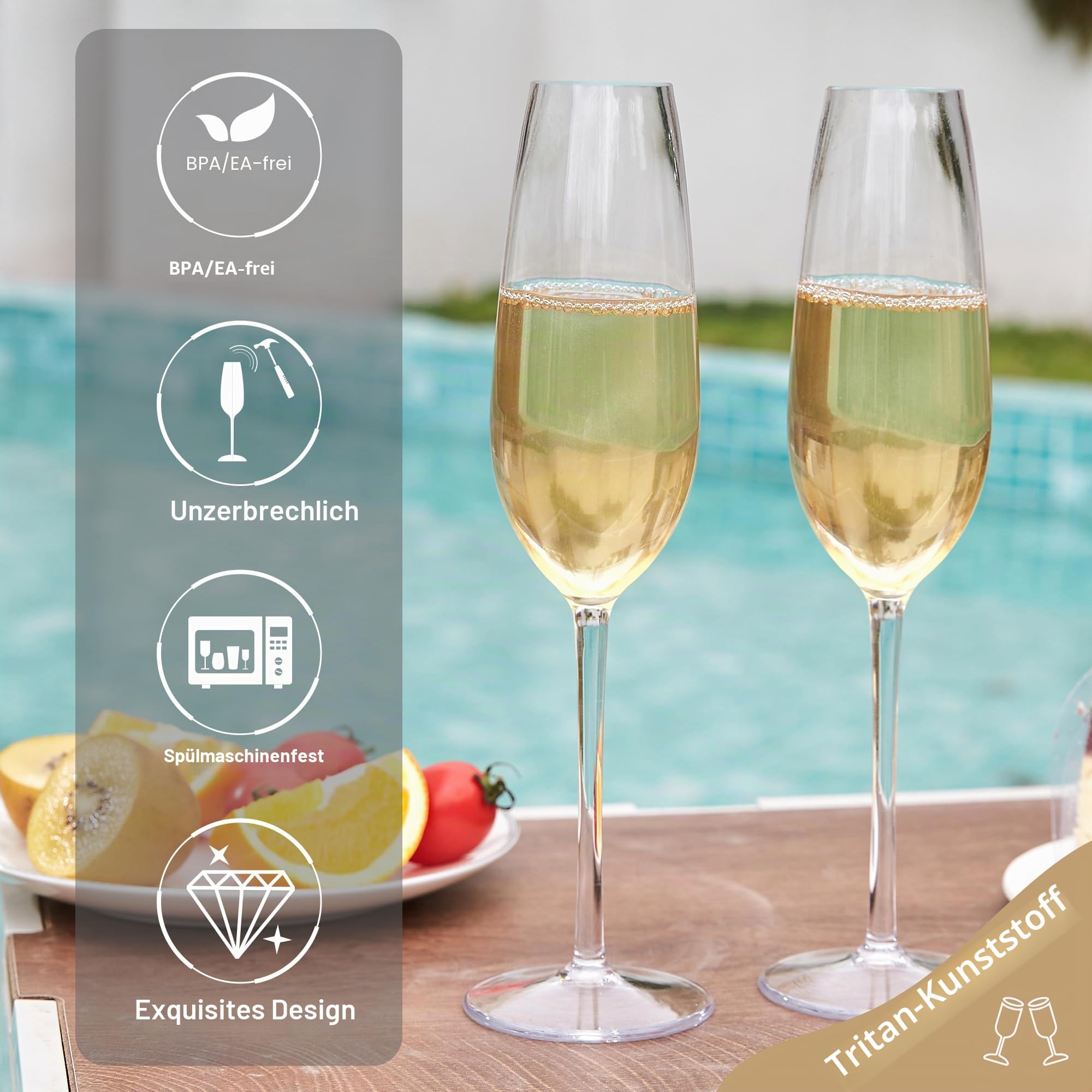 HAHASHOW Unzerbrechlich Tritan-Kunststoff Champagnergläser, Sektgläser, Camping Weingläser, 226ml Sektflöten für Party, Spülmaschinenfest, 4er Set