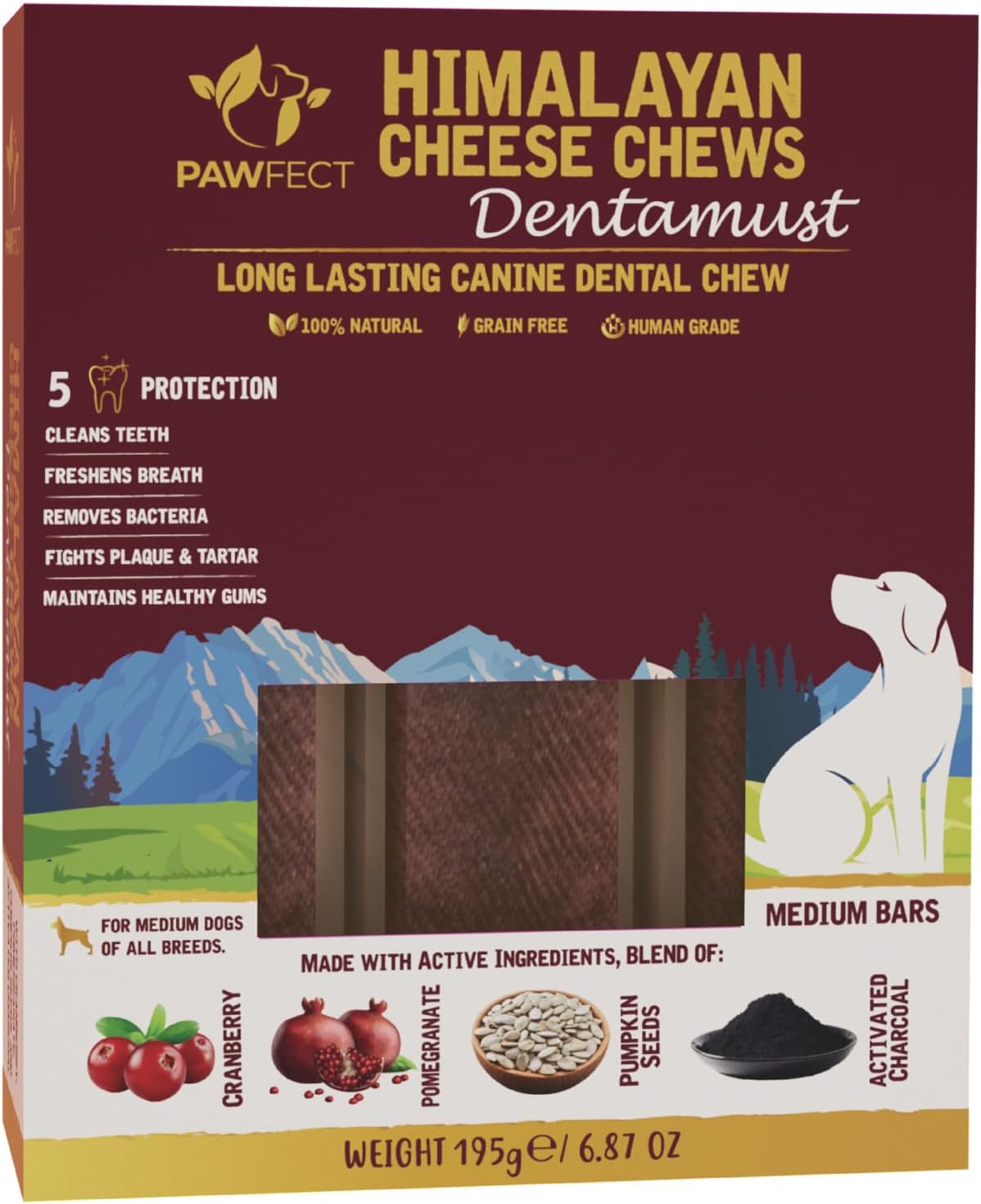 Pawfect Dentamust Himalayan Cheese Chew with Cranberry & Pomegranate for Medium Dogs|Superman Edition | Long Lasting Dental Chews with Superfoods| All Natural, High Protein| Pack of 3(195g/6.88oz)