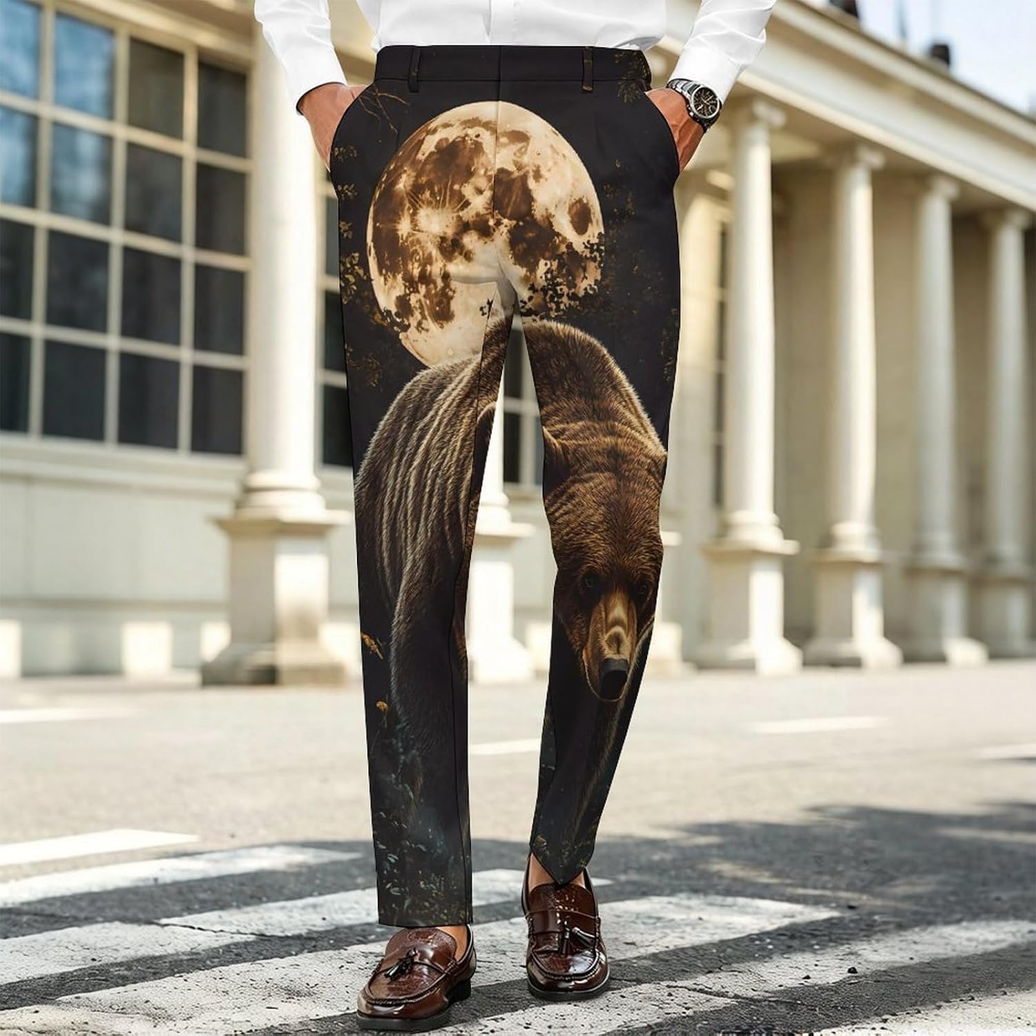 Grizzly Bear Walking Through Forests Men's Classic Fit Suit Pants Straight Leg Design Printed Trousers