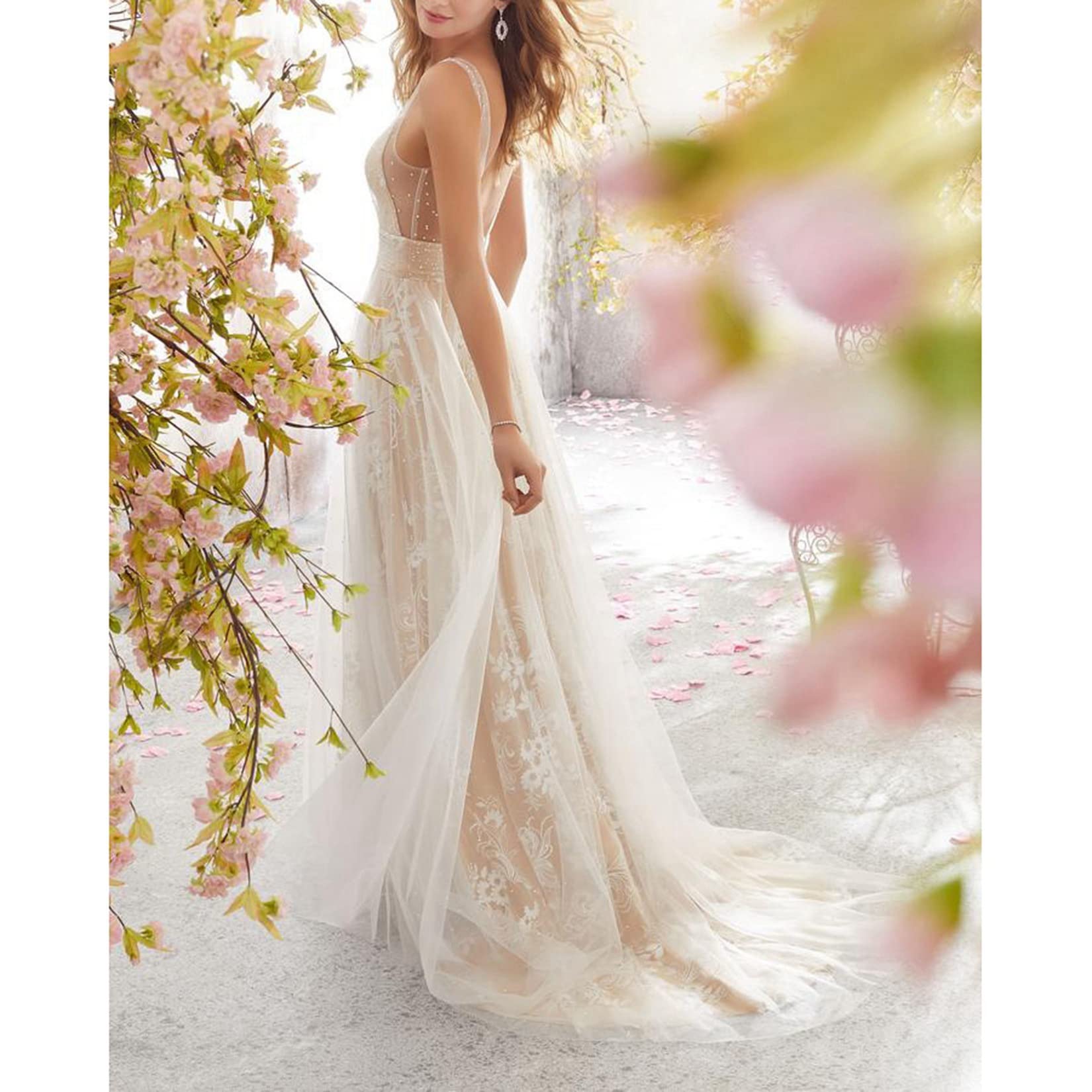 Dawwoti Vestido De Novia para Mujer Double V Cuello Una Línea Empire Wasit Lace Tuille Vestidos De Noche