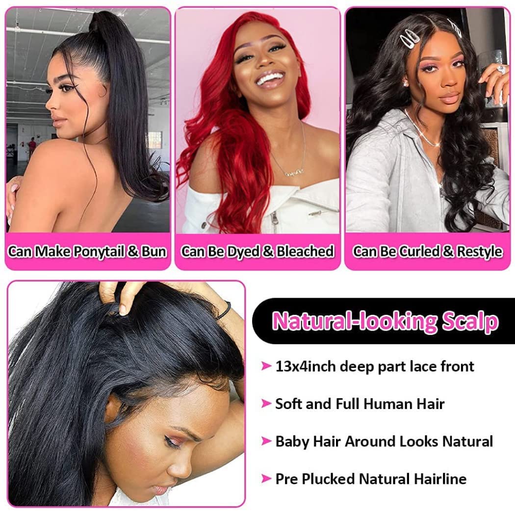 lalula Straight Lace Front Wigs Human Hair Wigs for Black Woman 13×4 Lace Frontal Wigs Brazilian Virgin Human Hair Wigs Pre Plucked with Baby Hair Natural Color wigs(28Inch)