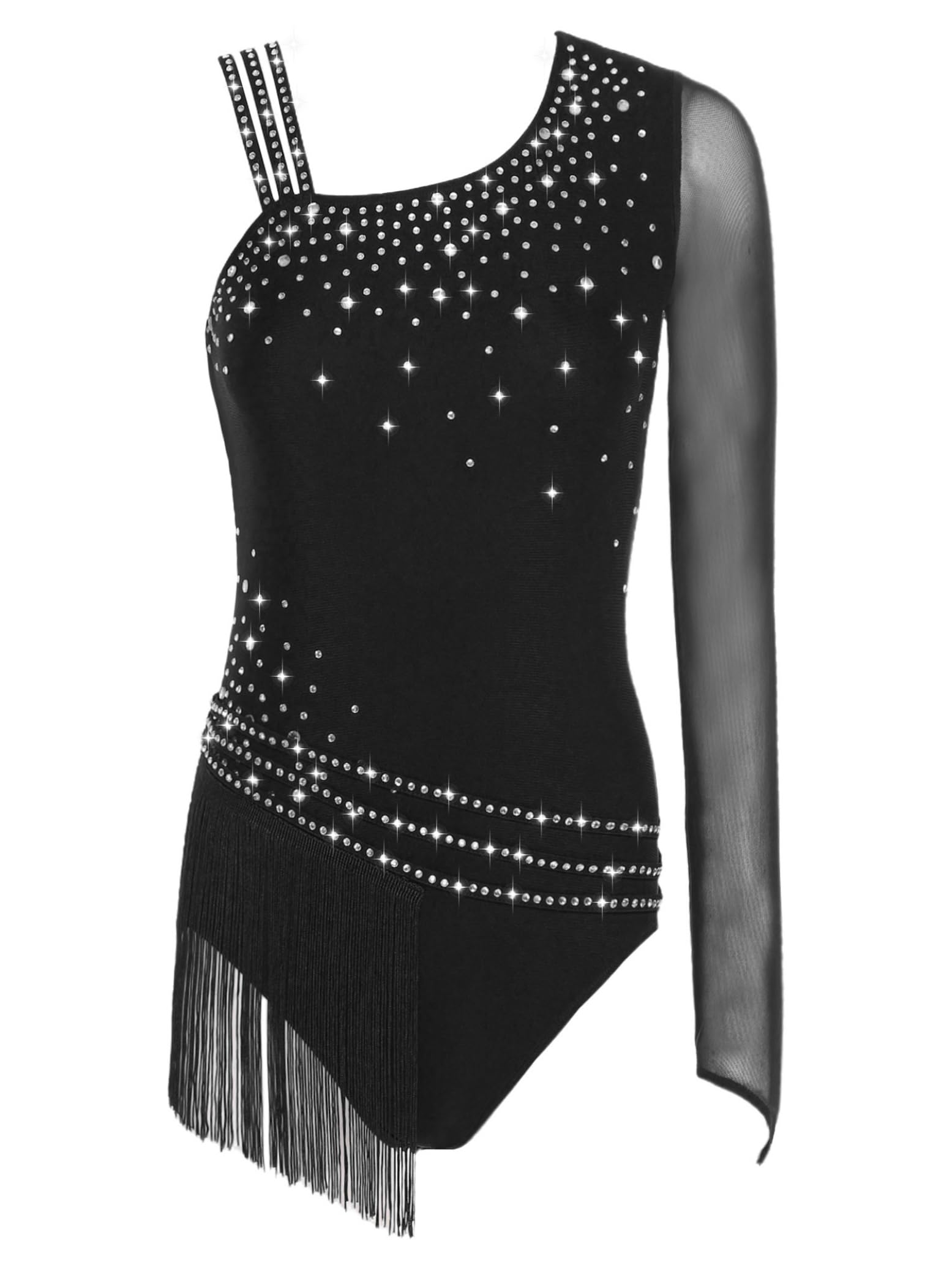 Hedmy Leotardo de Danza Gimnástica para Mujer Body Brillante de Manga Larga Maillot con Flecos de Baile Latino Tango Cha-Cha S-xxl