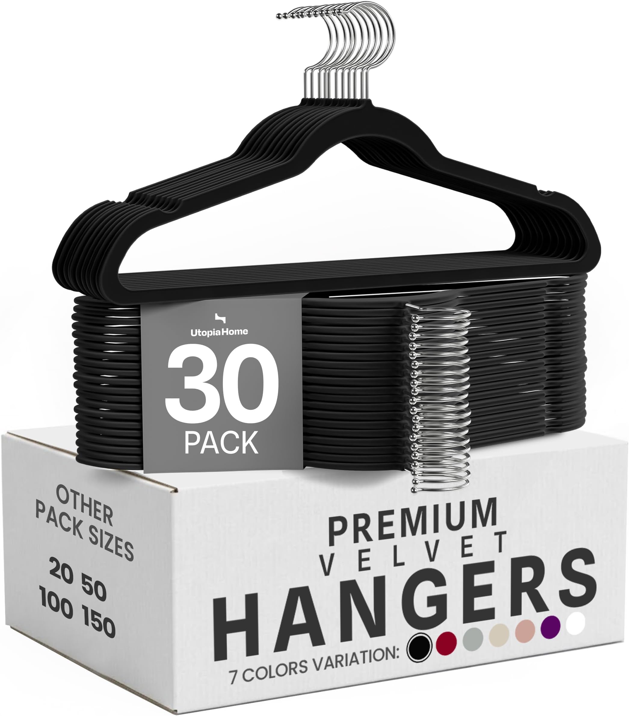 Utopia Home Velvet Hangers, Black, 30 Pack | Luxury Non-Slip, Slim Pant & Coat Hangers, Strong Space-Saving, Pants Bar, 360° Swivel Hook