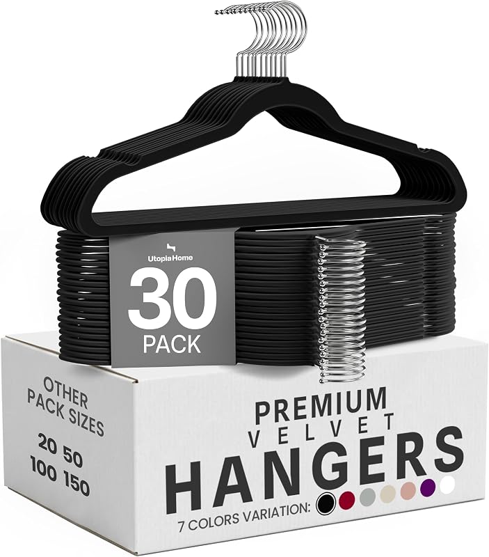 Utopia Home Perchas de terciopelo, negras, paquete de 30 | Perchas de lujo antideslizantes para pantalones y abrigos | Perchas resistentes que ahorran espacio | Gancho giratorio de 360°.