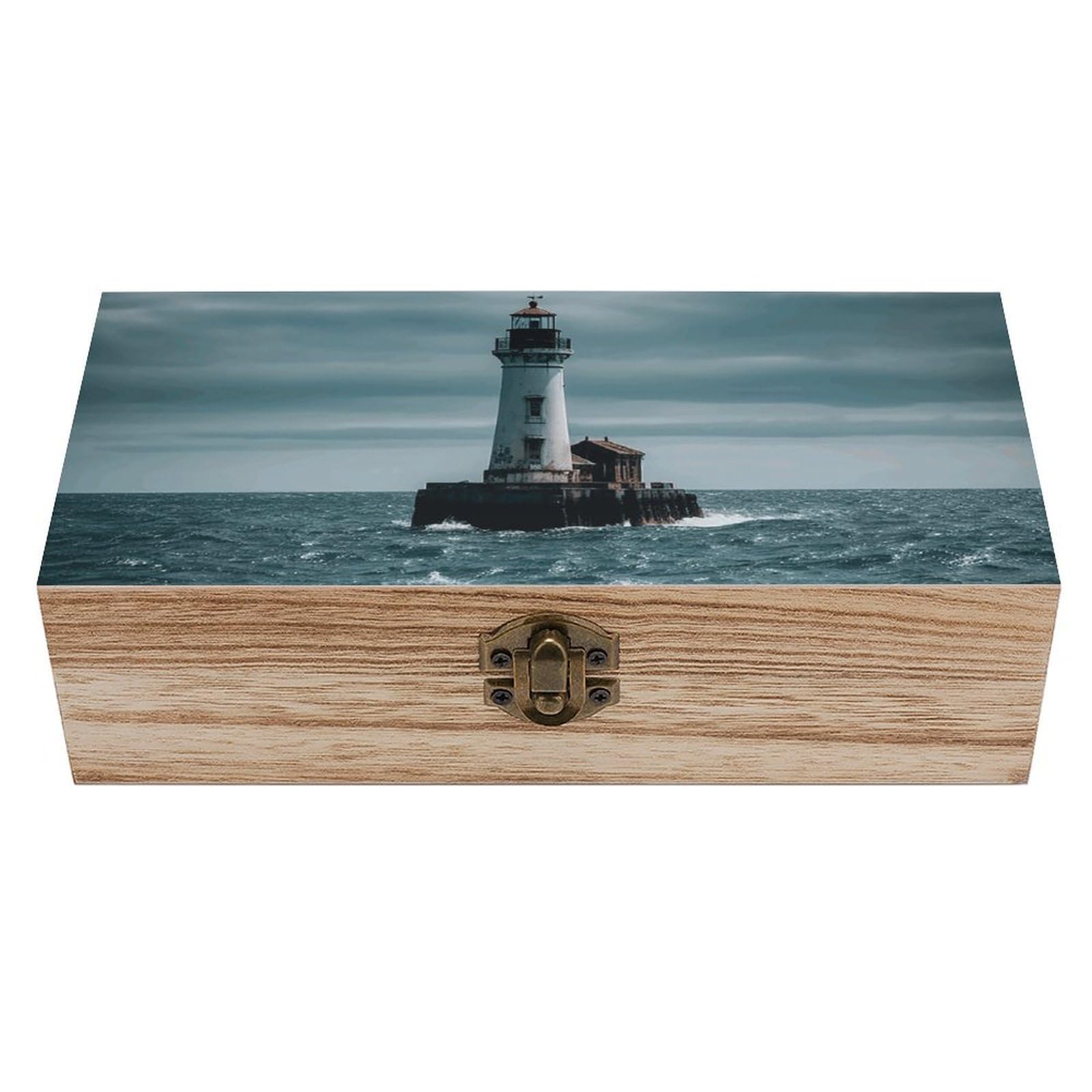 LZQPOEAS Lighthouse Ocean Wooden Storage Box Small Decorative Box with Hinged Lid Handmade Elegant Keepsake Storage Box for Jewelry, Photos, Trinkets, Letter Gifts, Small Heirlooms