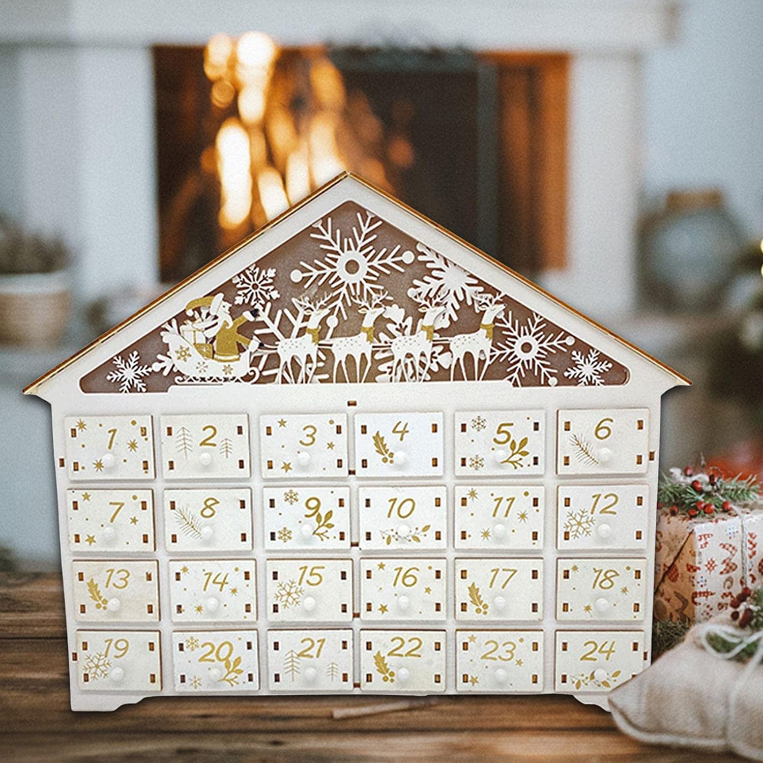 Amazon.co.jp: クリスマス木製アドベントカレンダーデコレーション LED