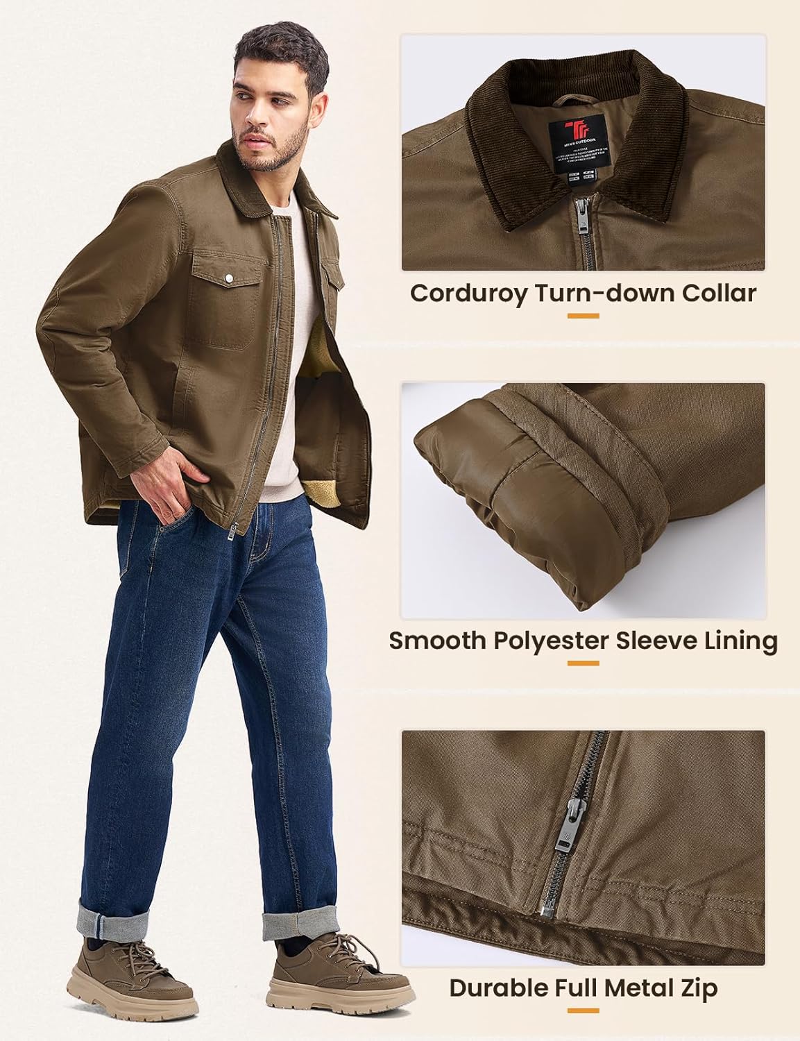 Rdruko Men's Winter Workwear Jackets, Sherpa Detroit Barn Trucker Fleece Jacket 5 Pockets Full Zip Heavy Warm Cotton Coats - Image 6