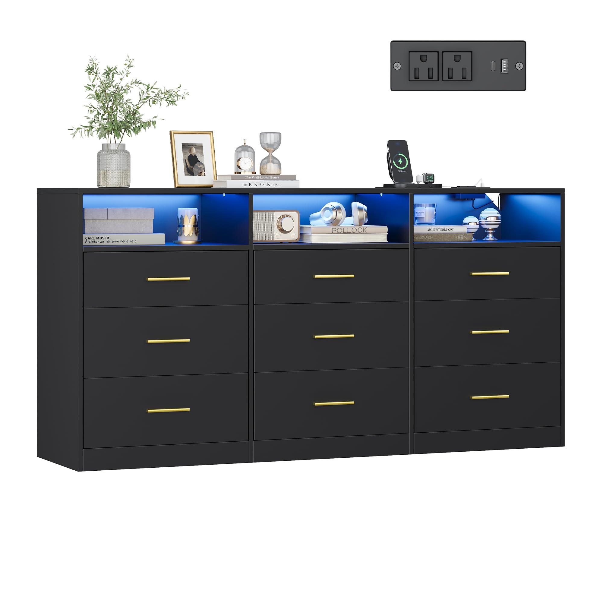 Photo 1 of VASAGLE 9-Drawer Dresser with LED Lights and Power Strip----MISSING BOX 2 OF 2