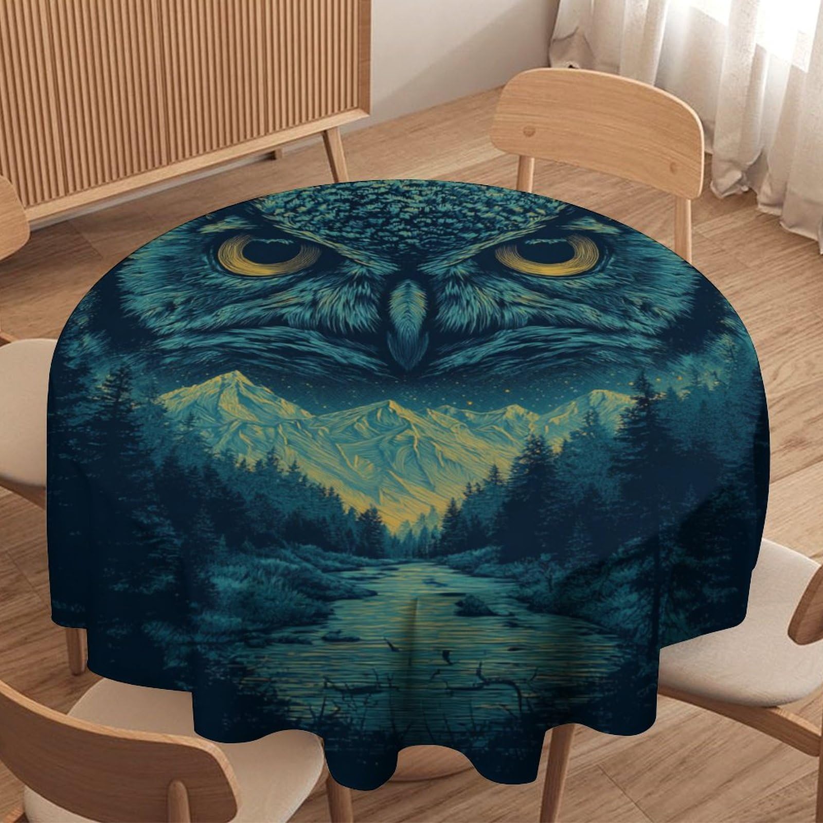 LUYYSKY Mid Century Natural Animal Owl Round Tablecloth Fantasy Abstract Forest Elegant Owl Pattern Washable Decor for Table Cover for Kitchen-91.4" Wx91.4 L cm
