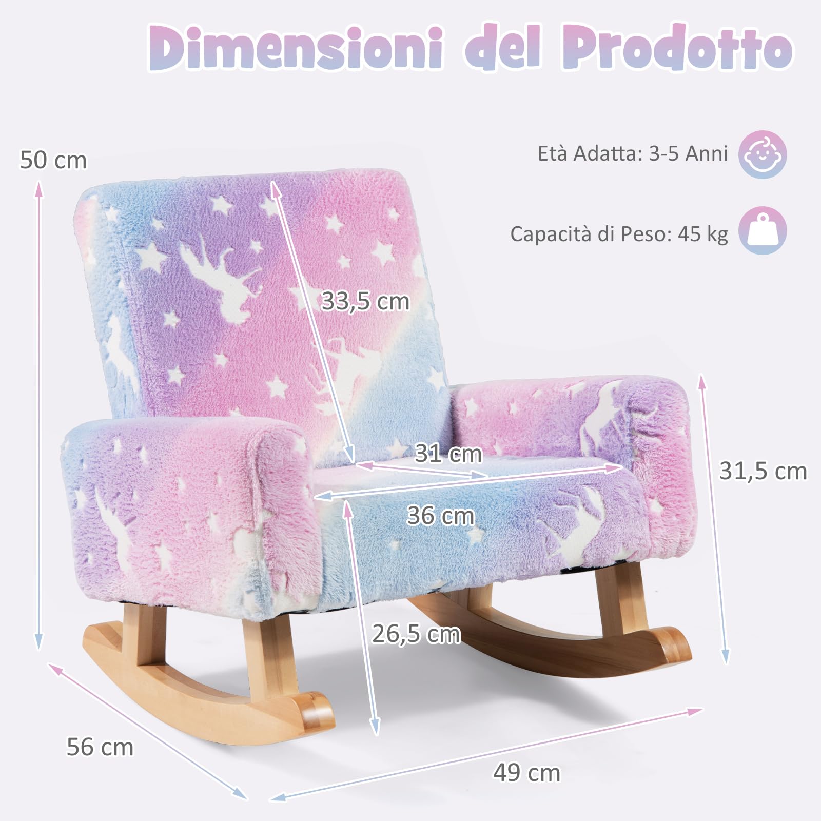 COSTWAY Sedia Dondolo per Bambini da 3 a 5 Anni, Poltrona in Flanella con Piedi a Dondolo in Legno, Motivi che si Illuminano al Buio,56 x 49 x 50 cm, Blu e Viola