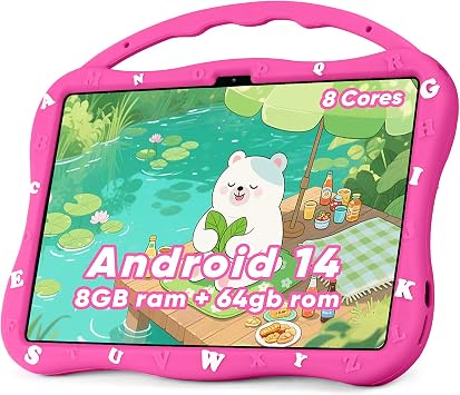 MengDash Kids Tablet, Android 10.1 inch Tablet for Kids 3-10, Educational Learning Toddler Tablet Android 14, 8(4+4) GB RAM+64GB ROM Storage, 5G WiFi, Baby Girl boy Present (Red)
