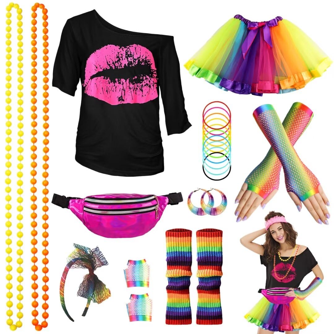 WILDPARTY 80s Fancy Dress For Women, Lip Print T-shirt, Tutu Skirt, Leg Warmers, Necklace, Fishnet Gloves, Earrings, Neon Costumes Accessories for Retro Theme Party Cosplay