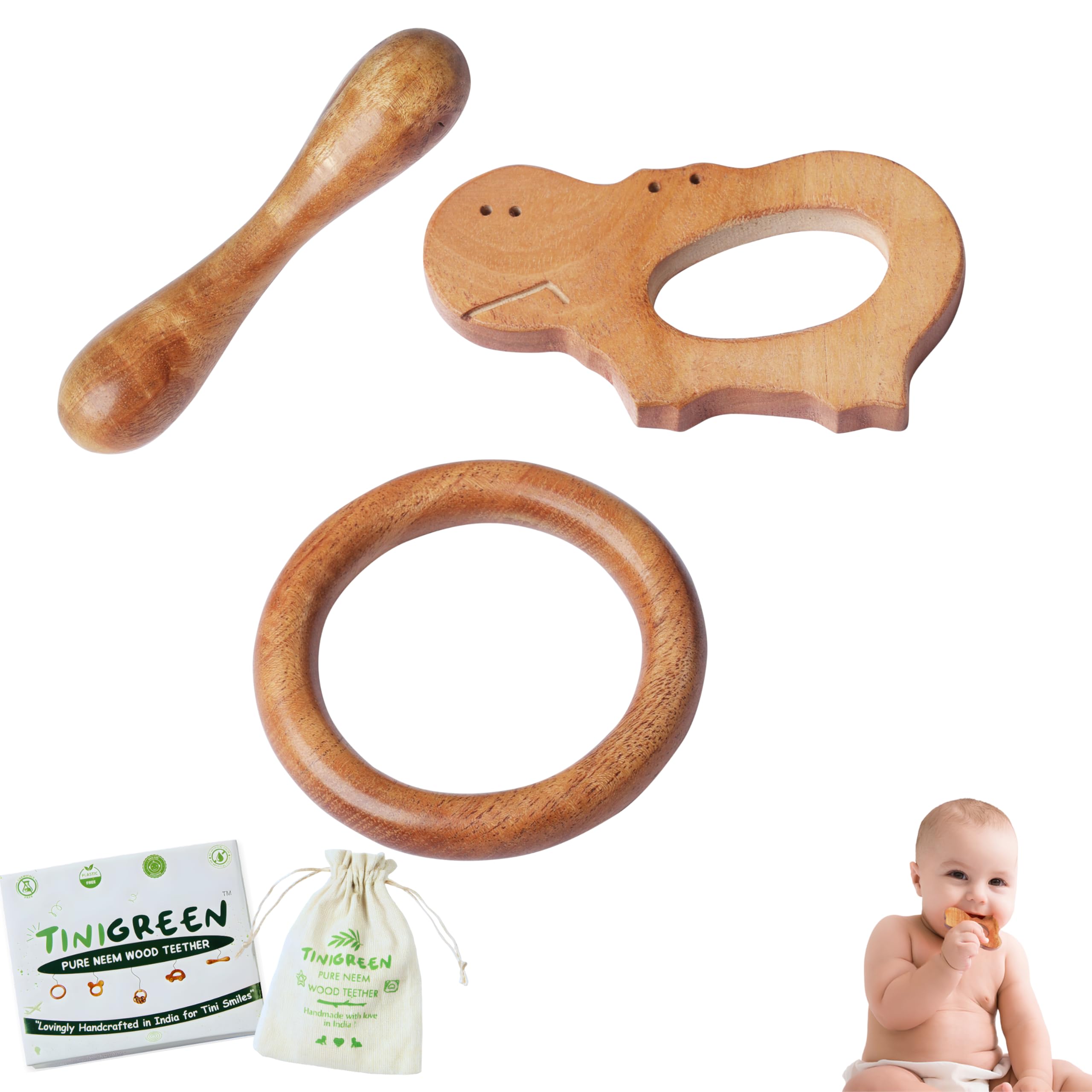 TINIGREEN Hippo Ring Dumbbell Shaped Organic Neem Wood Teether Combo for Baby (Pack of 3)-image-0