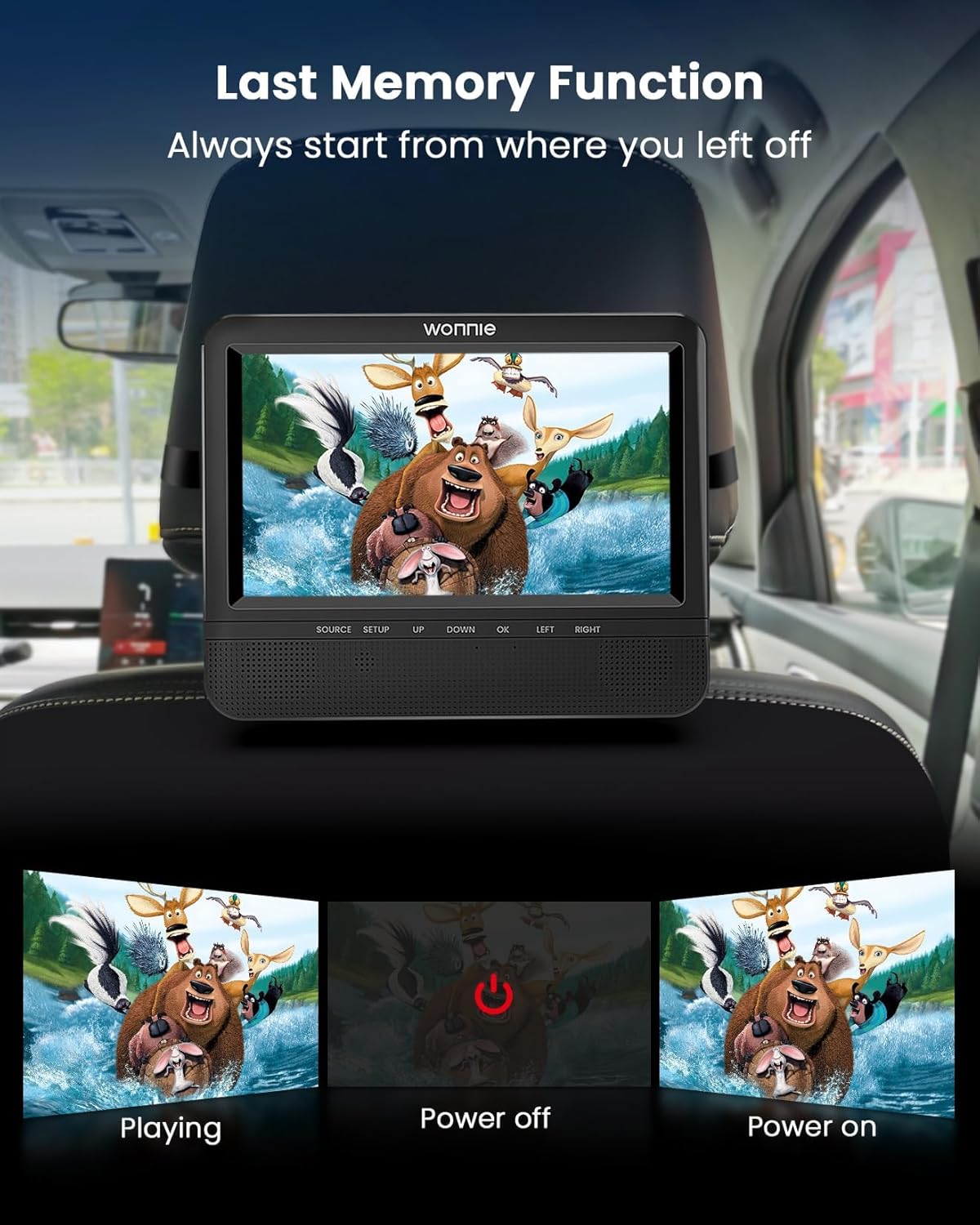WONNIE 7.5 Inch Car DVD Player, Portable DVD Player for Car Play The Same or Two Different Movies with Headrest Strap, Support Last Memory, AV Out/in, USB/SD, All Regions