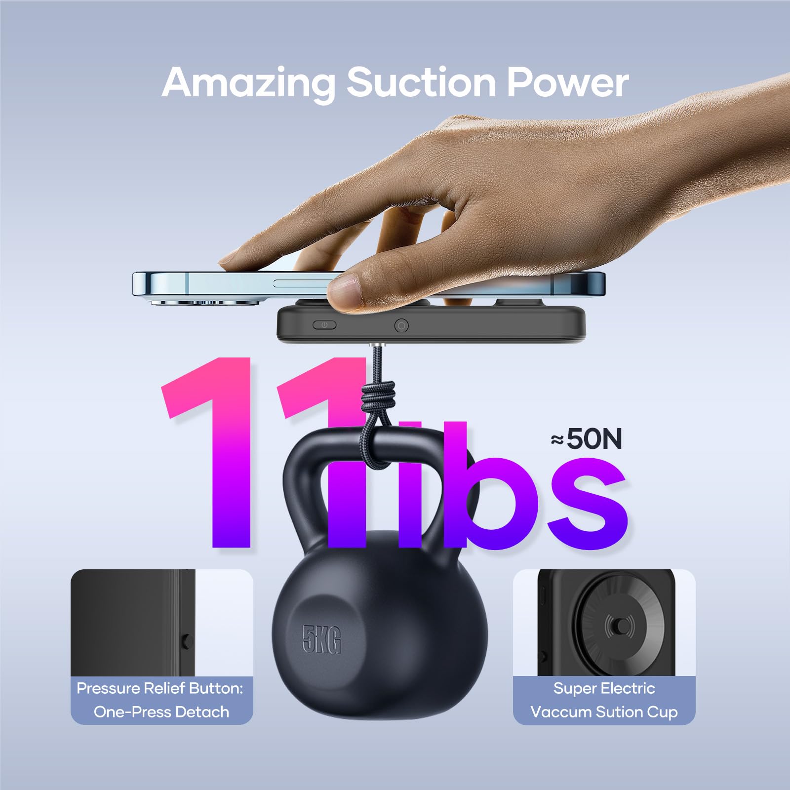 Wireless Portable Charger for Samsung, 5000mAh Ultra Slim Power Bank with Innovative Electric Suction Cup, Compatible with iPhone and Android Cell Phone, Support 22.5W USB-C PD Fast Charging, Black