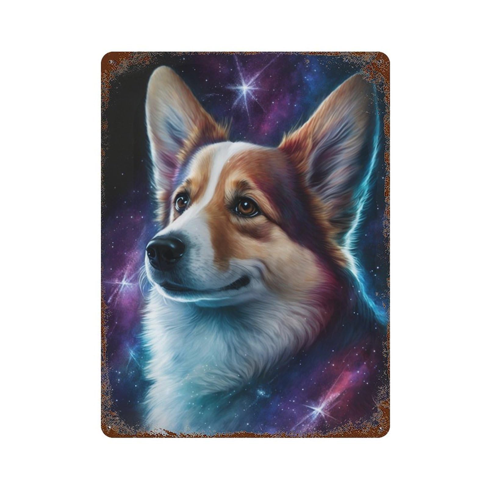 Cosmic Corgi Portrait-2 Vintage Wall Sign 15.7"x11.8", Rust Effect Metal Decor for Shed, Workshop And Garage Wall Decor