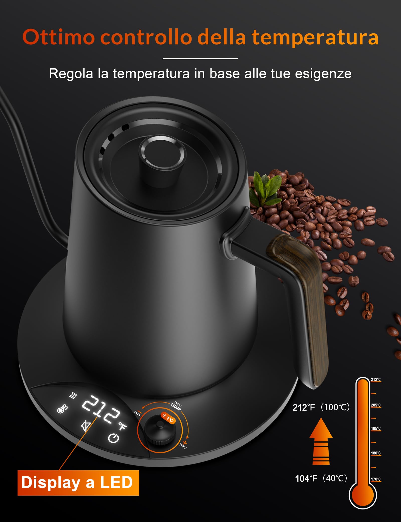 Bollitore elettrico in acciaio inox con regolazione della temperatura, bollitore a collo di cigno, funzione di calore 24 ore, bollitore elettrico da 1200 W con indicatore di temperatura
