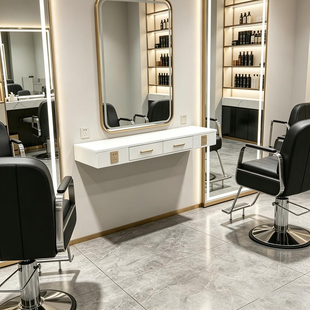 Postazione Di Lavoro Galleggiante Per Salone, Armadietto Per Attrezzi Da Barbiere in Legno Con 2 Cassetti E Scaffali A Parete Aperti, Organizzatore Per Cosmetici E Attrezzature Spa,Cc