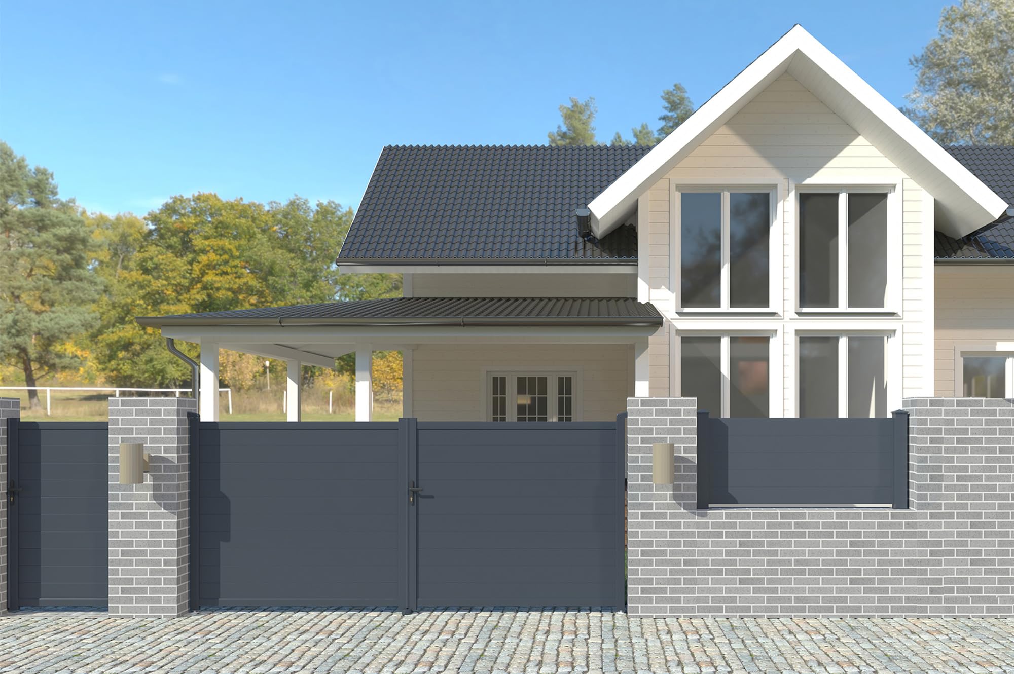Casanoov Portail Battant EIGER Aluminium Gris Anthracite 300 x 176 cm 3 x 1,76 m 5,28 m² Plein Lames Horizontales Extérieur Intimité Résistance Vent 50 km/h Serrure Barillet 5 Clefs Inclus