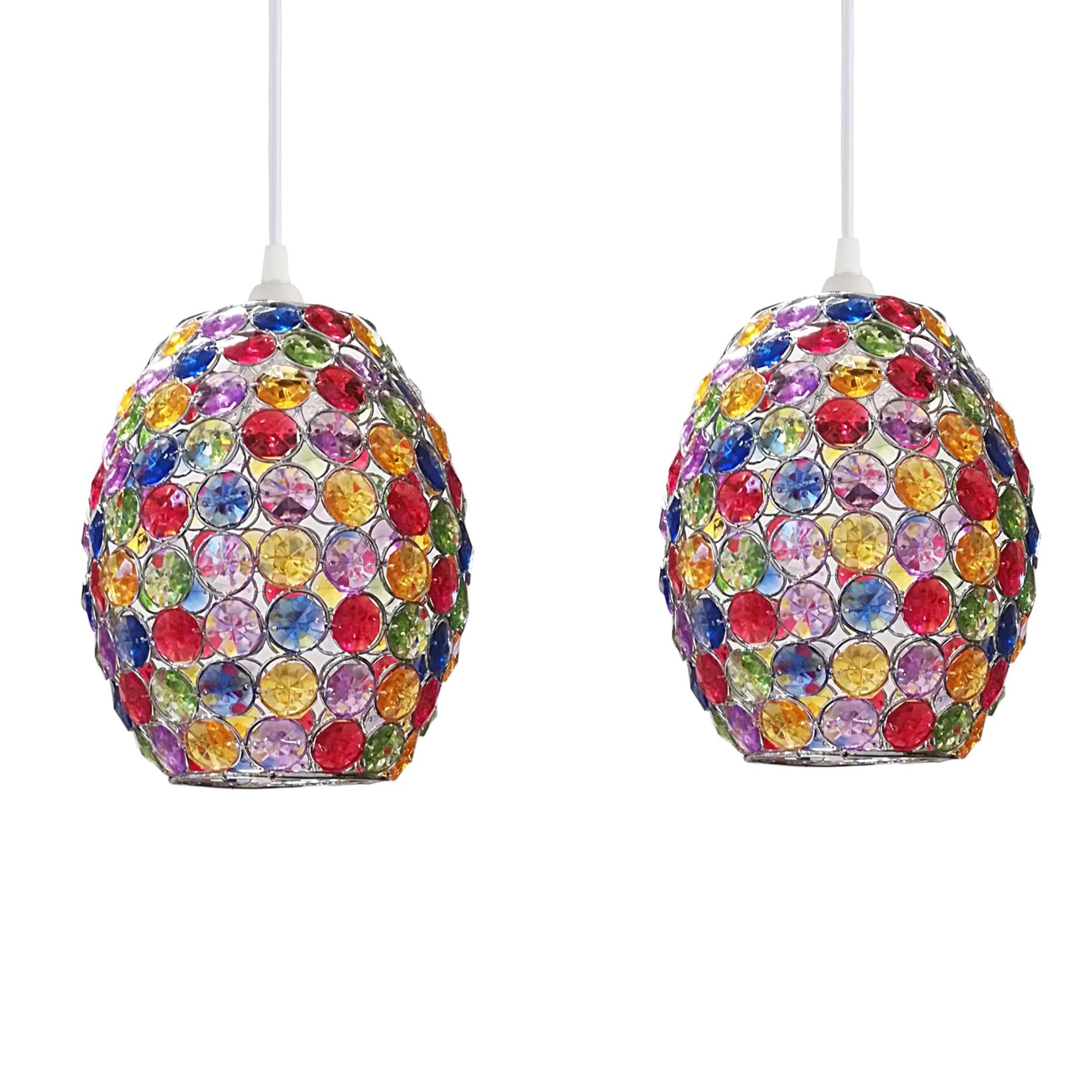 Loxton Lighting - Oval Pendant Light Shade Multi-Colour Jewels with Silver Wire and Chrome Frame BC Shade Ring Ceiling Light for Bedrooms, Lounges, Halls, Kitchens (2)