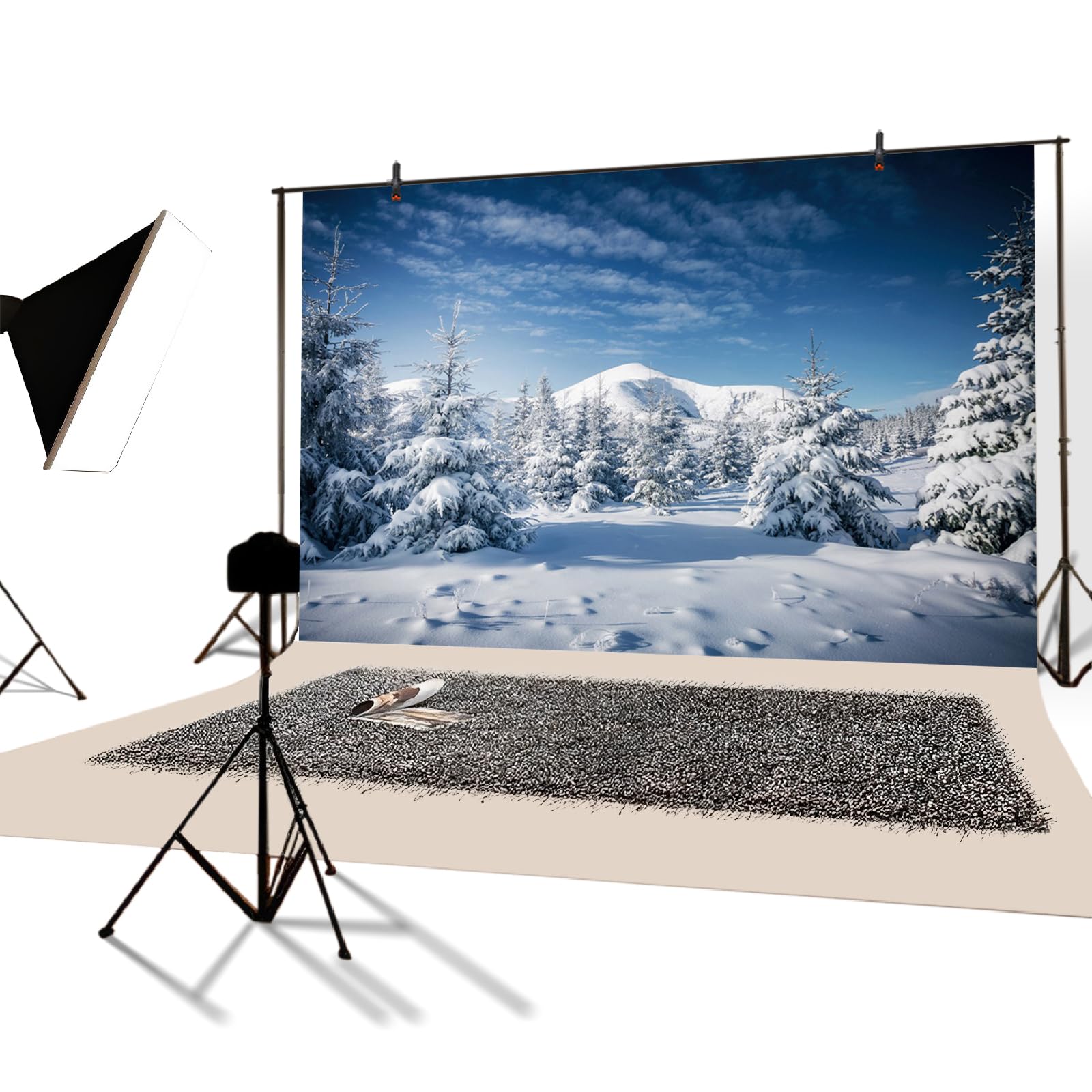 YongFoto 1.5x1m Winter Snow Landscape Photography Backdrop Christmas Tree Mountain Snowy Sky Blue Nature Landscape Christmas Background Family Party Children Portraits Photo Studio Props Vinyl - 2