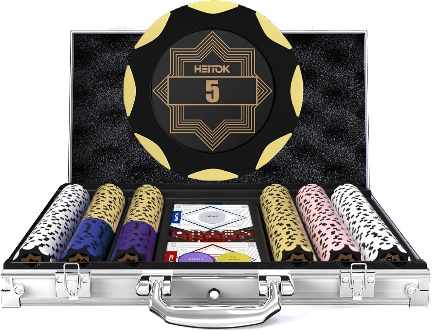 HEITOK 300 Piece Poker Chip Set 14g Heavyweight Clay Composite Chips With Denominations Texas Holdem Gambling Game Set With Aluminum Case Cards Buttons For Blackjack Casino Night