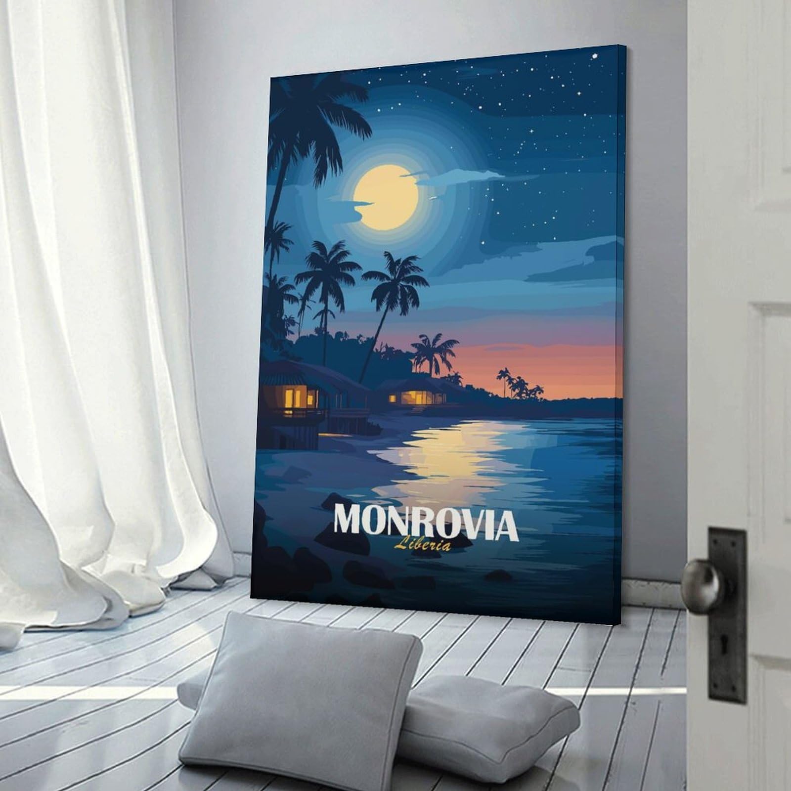 Junmoney Frame-Style-18-1 Monrovia, Liberia Beach At Night Canvas Wall Decor 20X30inch(50X75cm), For Workspace Walls, Study Corners Or Bedrooms, Decorative Artwork For Productive Spaces