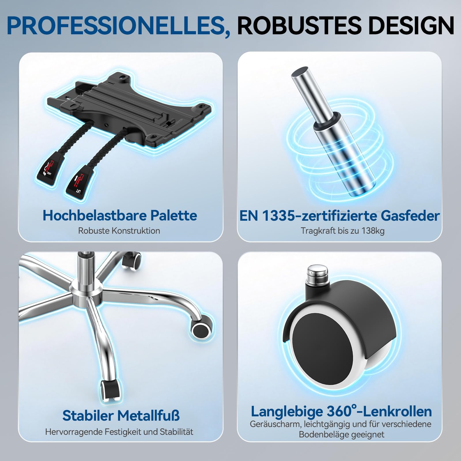 naspaluro 150kg Bürostuhl Ergonomisch Netzbezug 3D Armlehnen | Neigbare Rückenlehne mit Kopfstütze, höhenverstellbar, leise Rollen, für Homeoffice & Gaming, einfache Montage, Weißgrau
