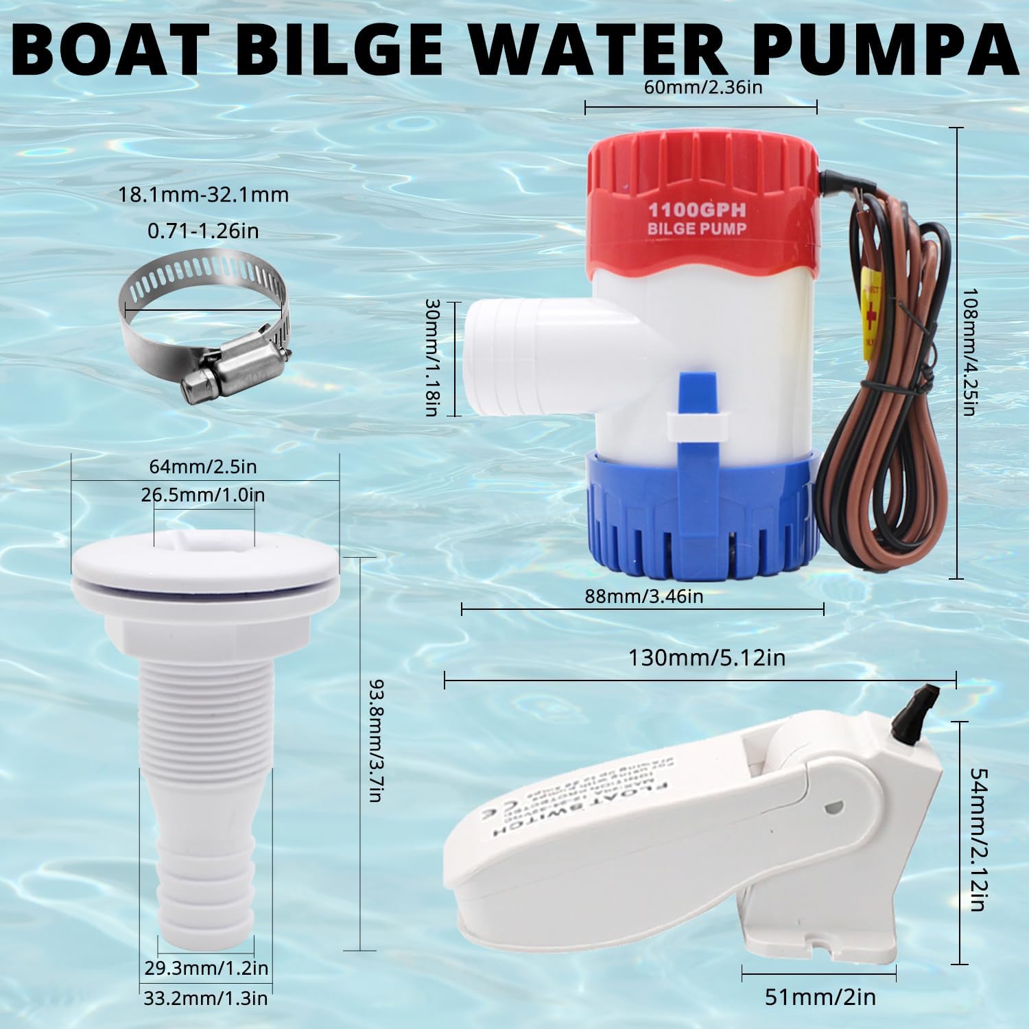 CREATORELE Bilge Pump Kit For Boats 12v, 1100 GPH Non-Automatic Pump Float Switch 12v 24 V 32 V with 1-1/8 Inch Plumbing Kit, Including Hose, Clamps, Thru Hull Connectors for Boats