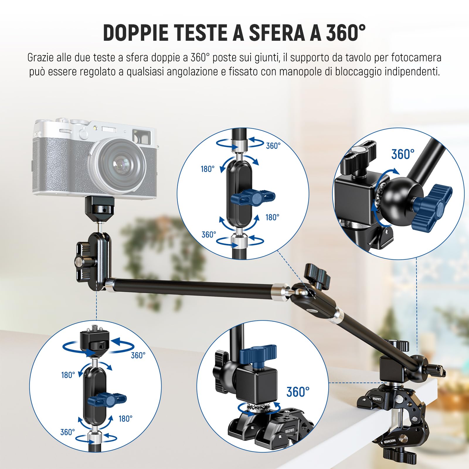 NEEWER 75cm Magic Arm Articolato con Super Clamp/Attacco Action Cam/Porta Telefono, Supporto Fotocamera da Tavolo Braccio Mic Boom Overhead, Compatibile con GoPro iPhone DSLR Webcam Mic Video, UA056