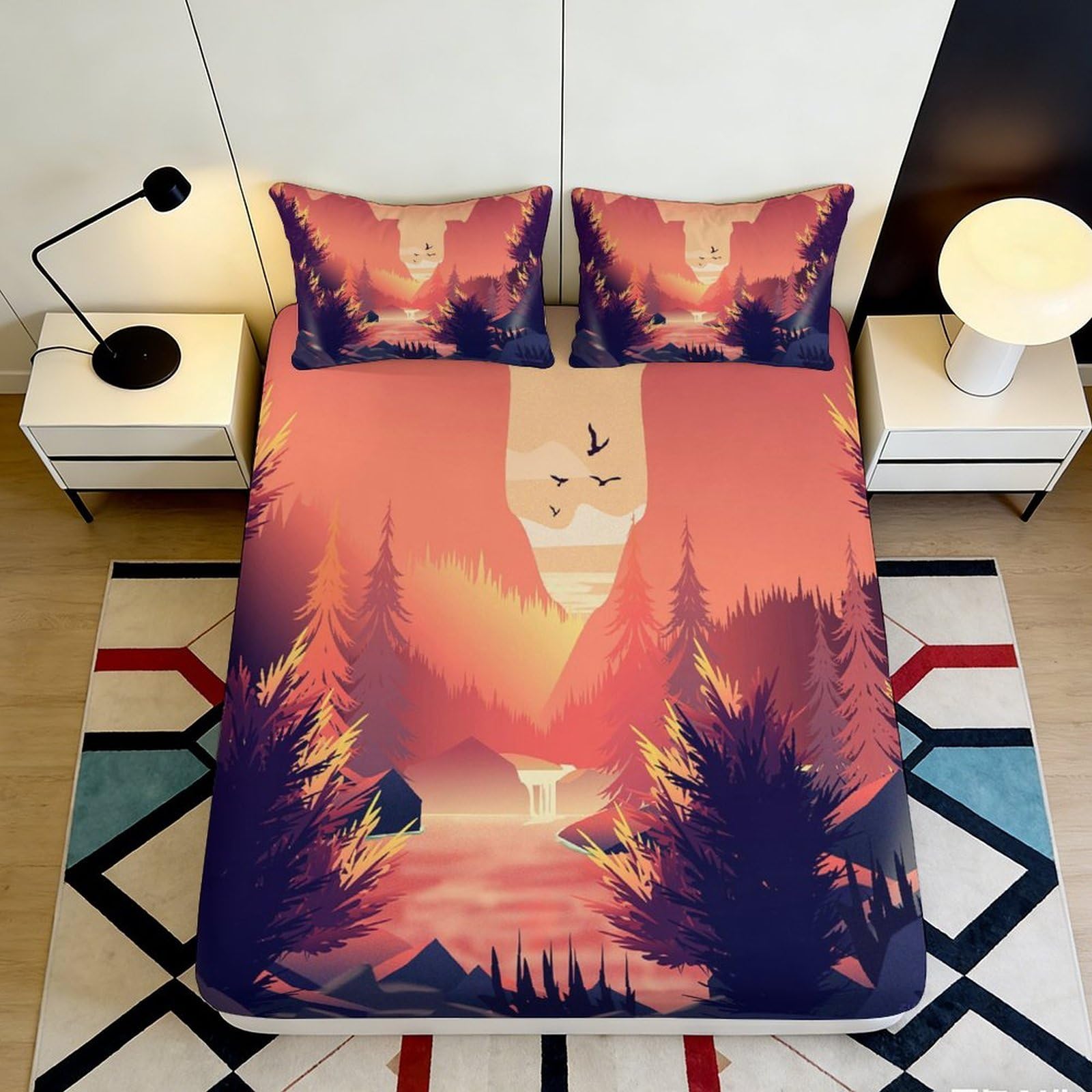 3D Printed Sunset Forest Fitted Sheet Microfiber Soft Breathable Mountain Landscape Bed Cover for Bedroom Dormitory Guest Room Mattress Protection Decor 180x200x25cm