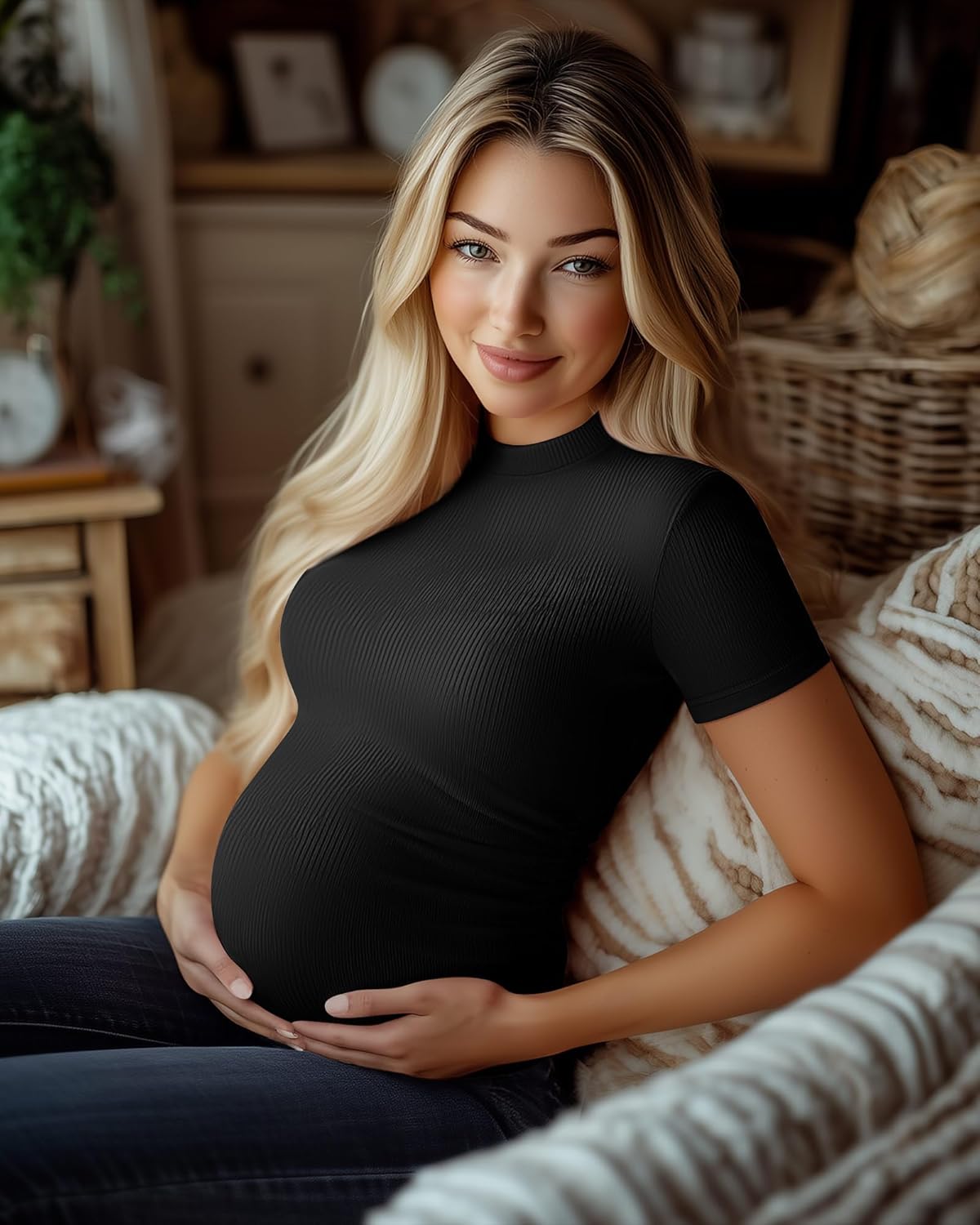 Ficerd 3 Pack 92% Cotton Ribbed Maternity T-Shirts for Women, Mock Turtleneck Side Ruched Slim Short Sleeve Pregnancy Tops - Image 4