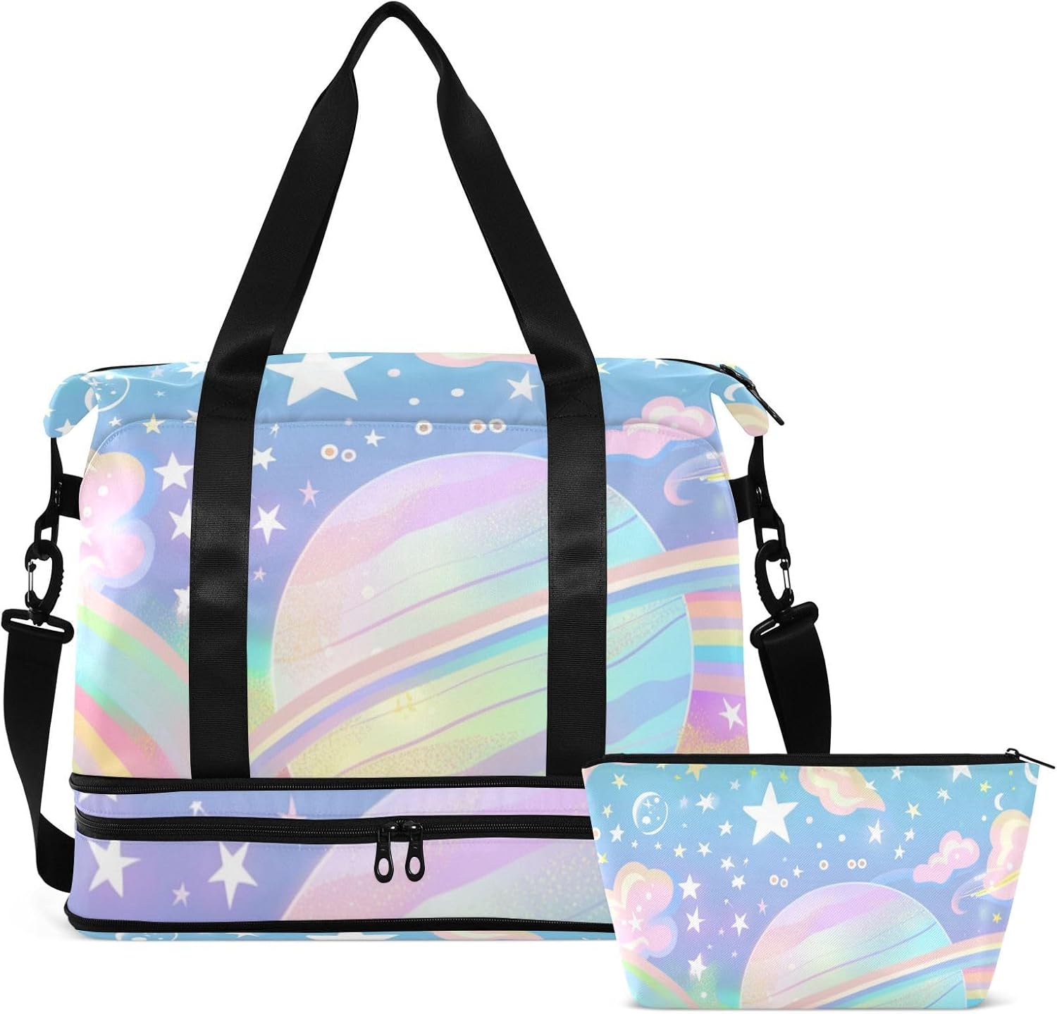 Pastel Sky Rainbow Stripes Gym Tote Bag Sport Training Bag with Toiletry Bag for Trekking Large Capacity