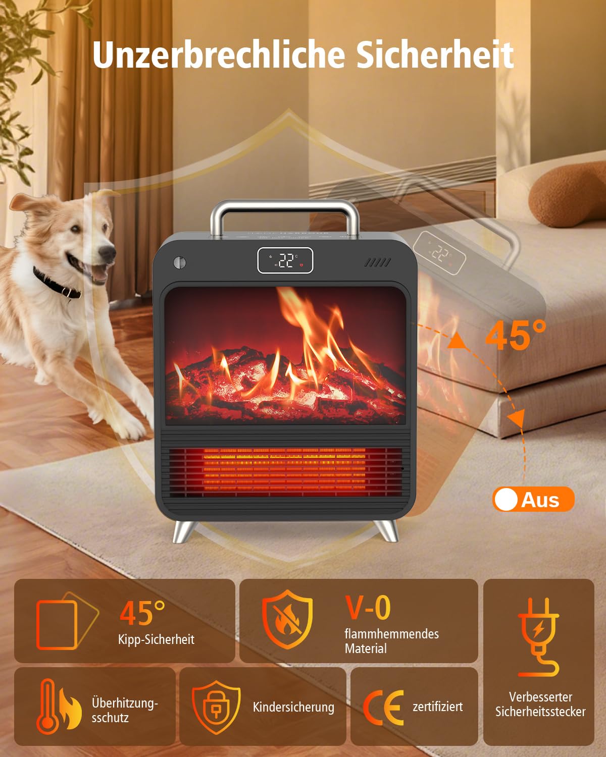 Stufetta Elettrica Basso Consumo 1500W - Termoventilatore da Bagno con 4 Modalità (ECO), Effetto Stufa a Legna, Telecomando, Timer, Protezione Sicurezza - Riscaldatore PTC Ceramico per Interni