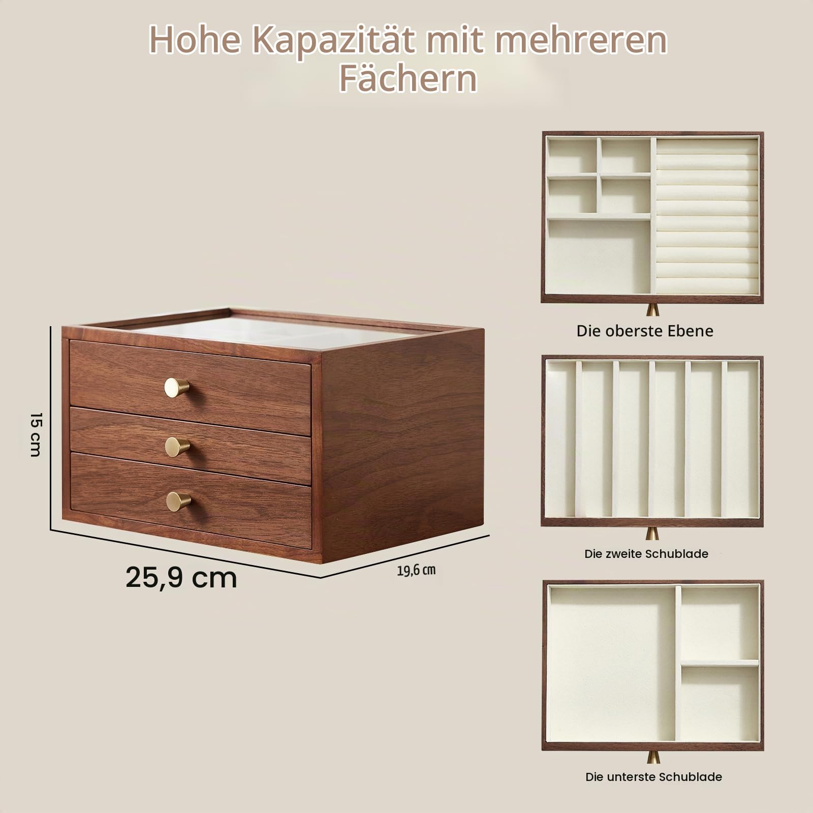 Schmuckaufbewahrung Schmuckkasten Klein Schmuckkästchen aus Holz für Damen, Massivholz Schmuckschatulle Schmuckbox Holz mit Glasabdeckung 3 Schubladen Schmuckkiste für Ringe Halskette