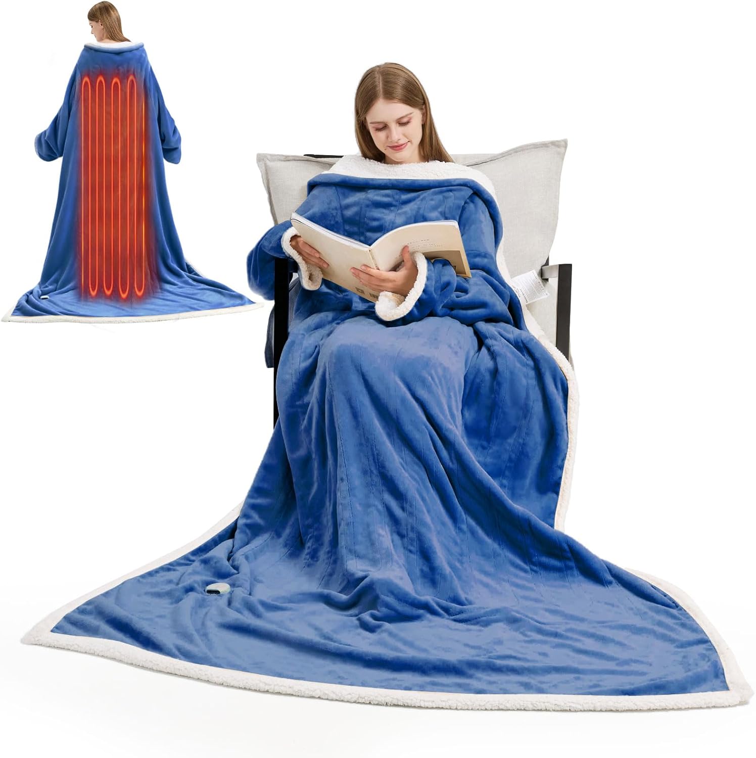 Heated Blanket, 55"×80" Wearable Electric Blanket with Sleeves, Sherpa Snuggle Throw Blanket, Warm Gift for Grandma, Mom, Dad, (Navy)