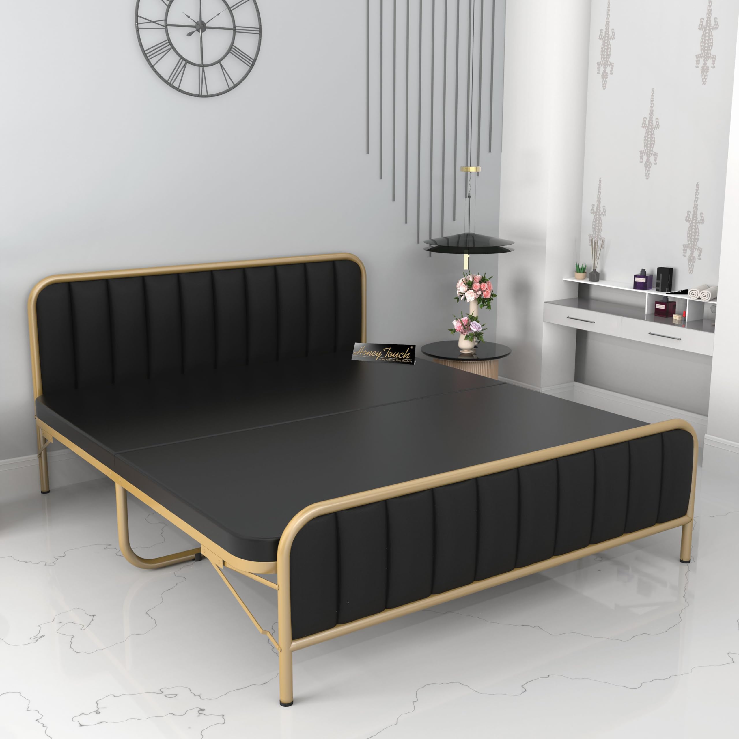 Honey Touch Boston Queen Size Bed | with Double Layer Mattress | Cushion Headboard | Folding Bed No Assembly Required | Powder Coated | 5ft x 6.25 (with Double Layer Mattress, Queen)