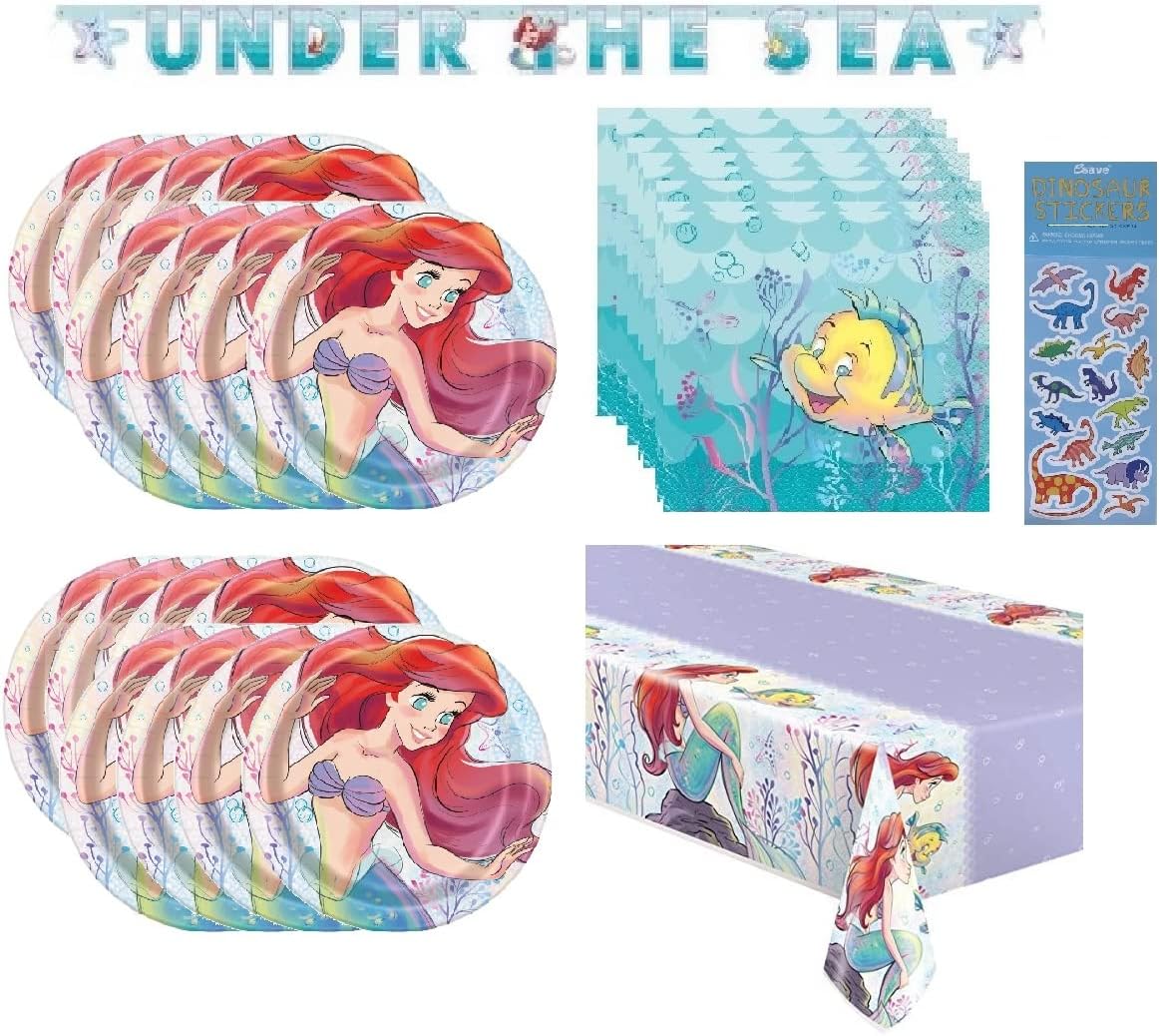 The Little Mermaid Ariel Birthday Party Baby Shower Supplies Bundle Pack includes 16 Lunch Plates, 16 Napkins, 1 Table Cover, 1 Banner, 1 Dinosaur Sticker Sheet (Bundle for 16)