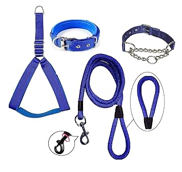 SS PET MART (Combo of 4) Amazing Quality Nylon Padded Adjustable Dog Harness+Choke Collar+Collar+Rope(Extra Large,Blue)